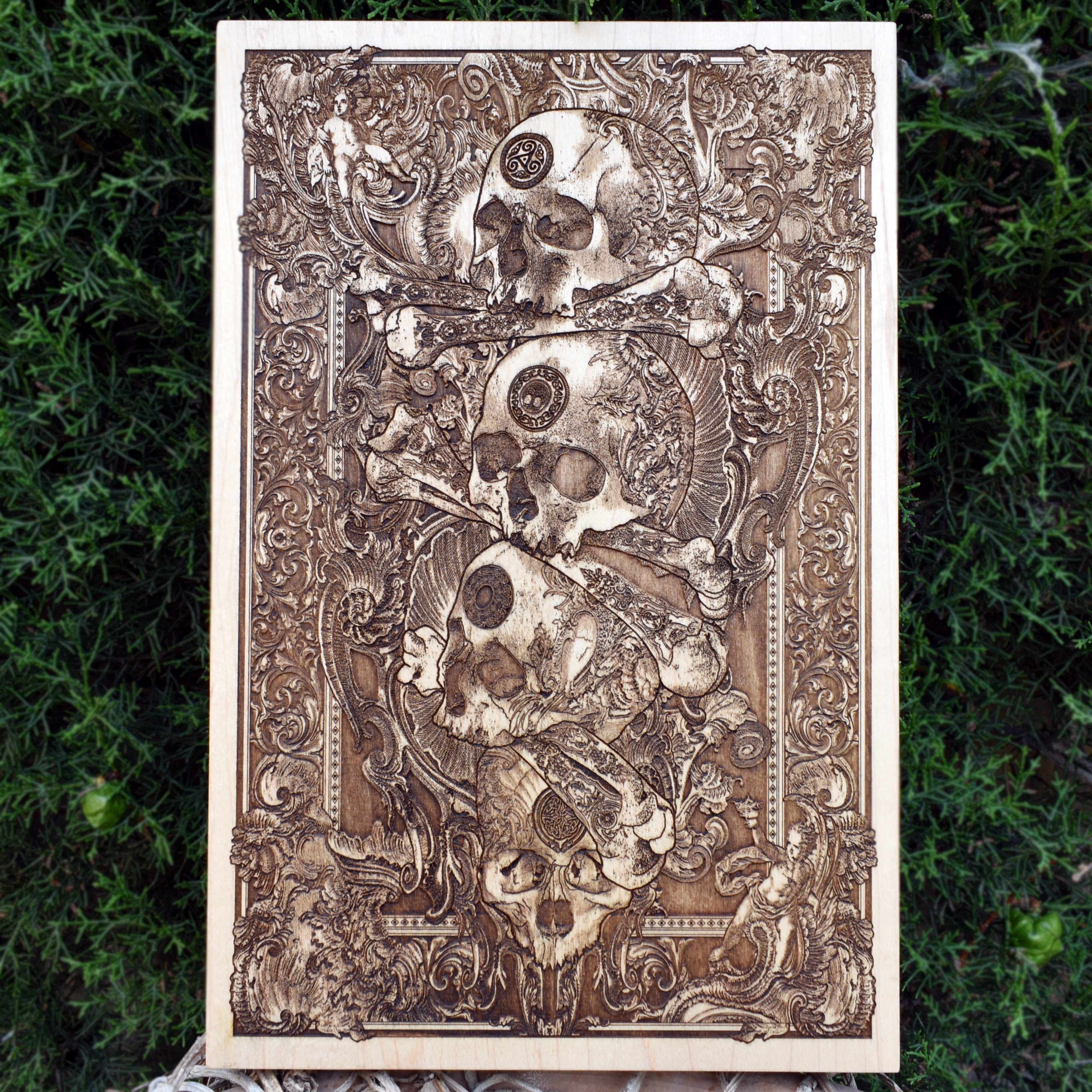 Engraved skull artwork on wood, gothic dark art wall decor