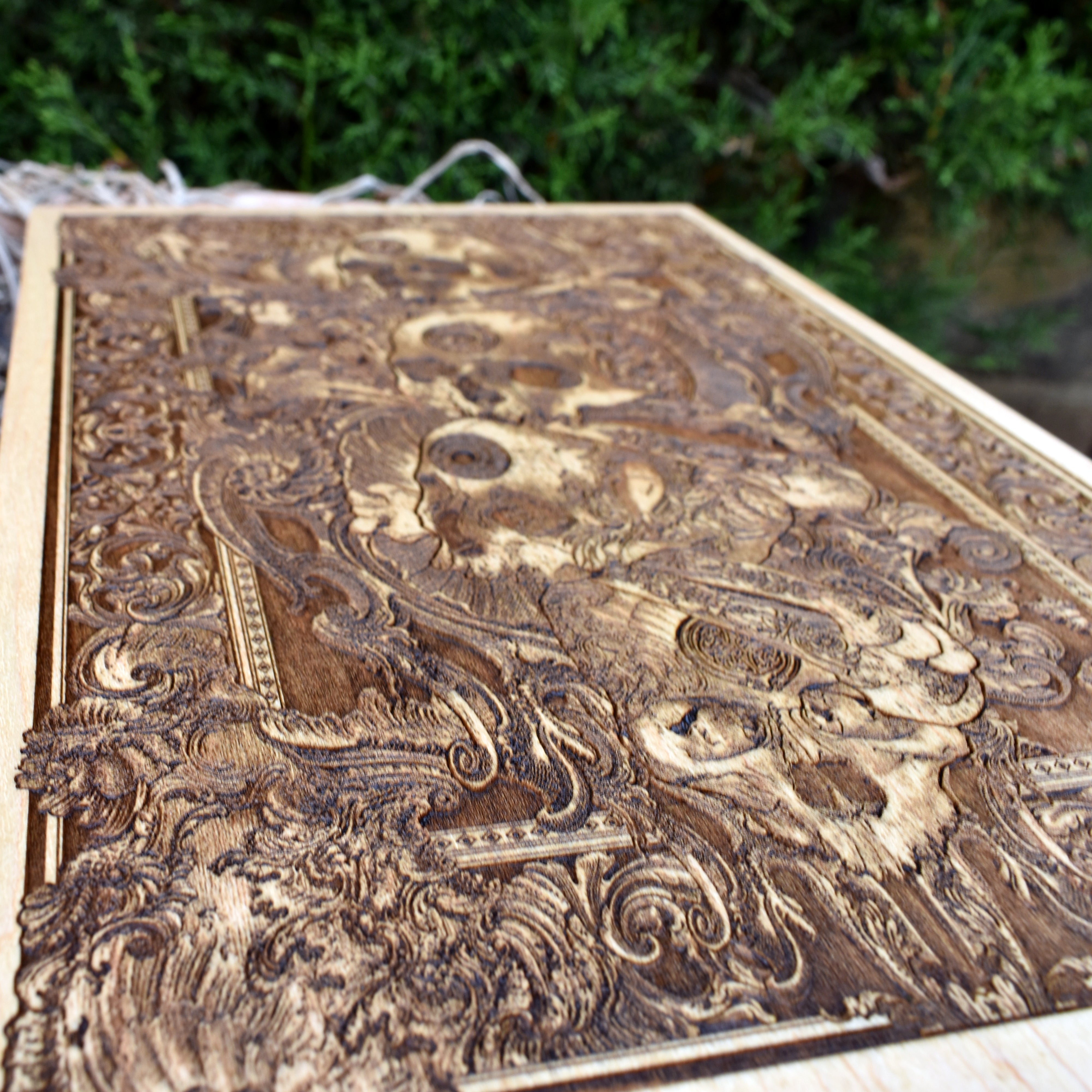 Skull wall art for gothic homes, detailed wood engraving
