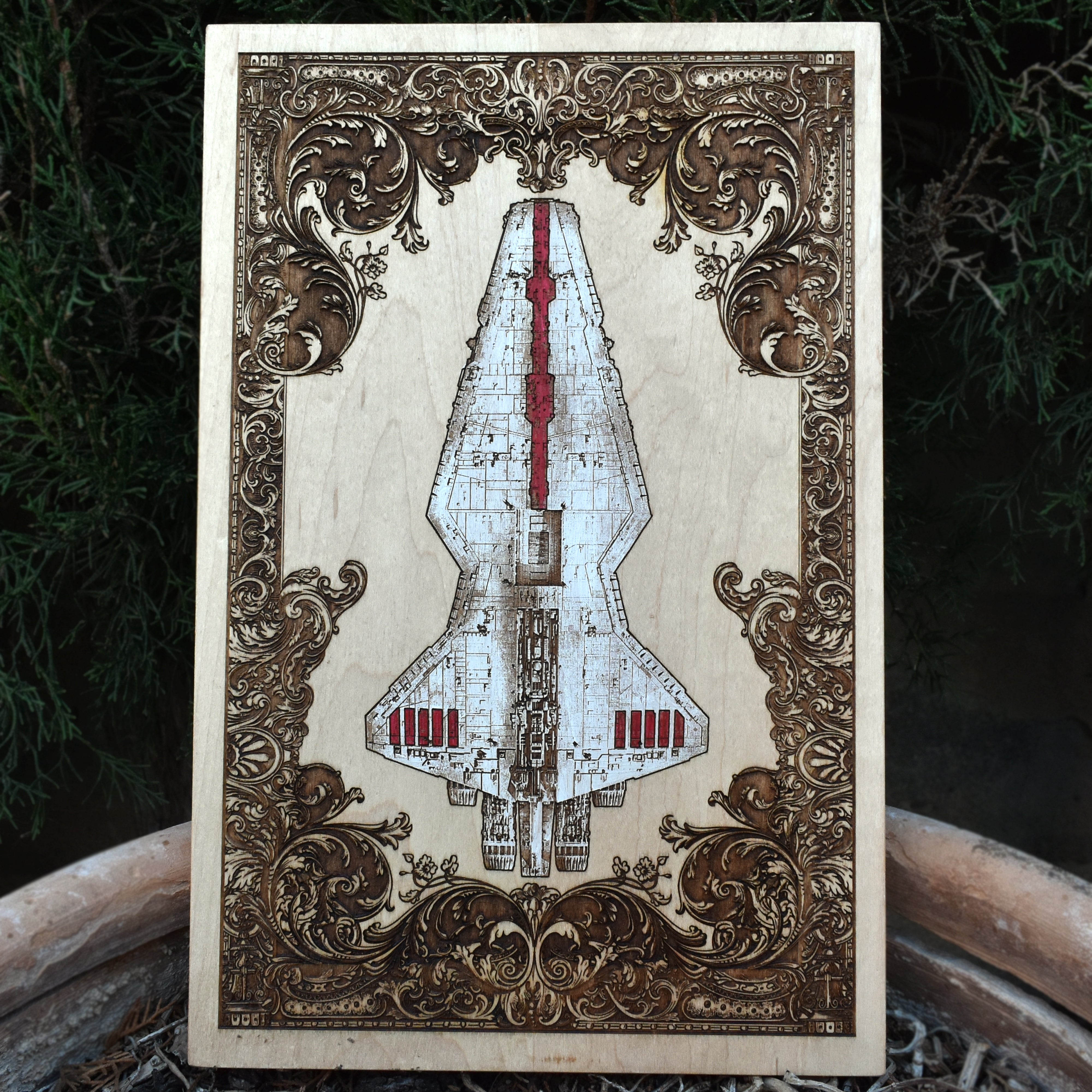 Star Wars-inspired spaceship wall art engraved on wood, perfect for sci-fi lovers.