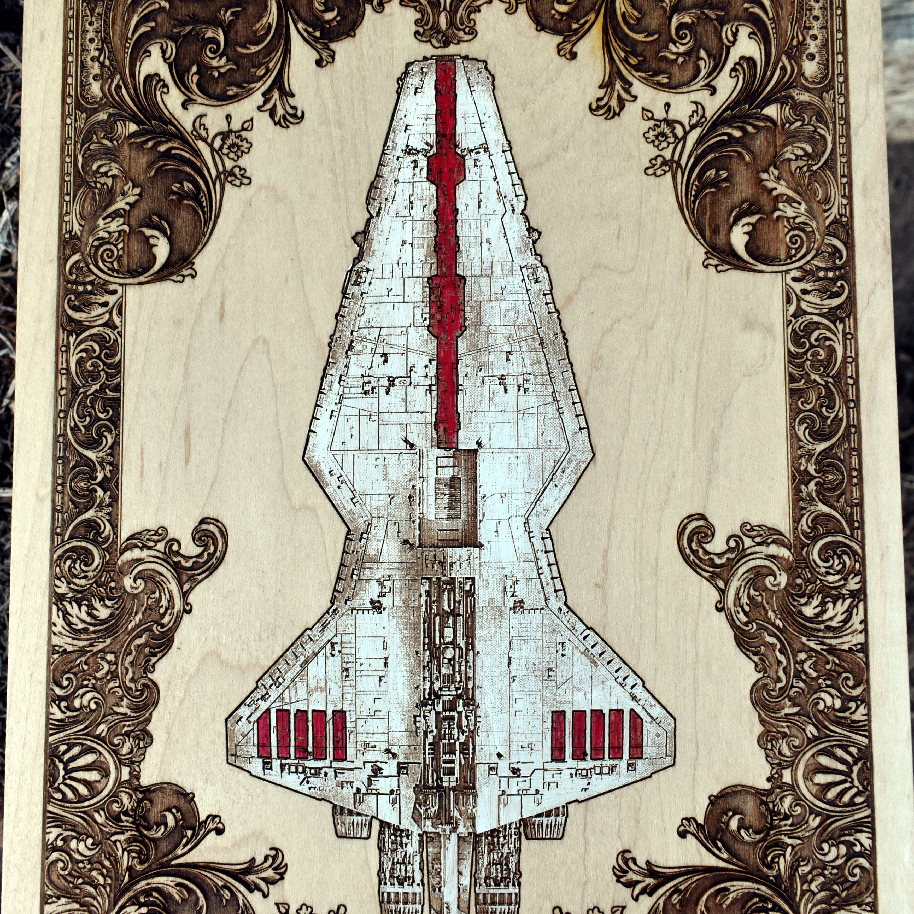 Star Wars spaceship silhouette carved into rustic wood for sci-fi home decor.