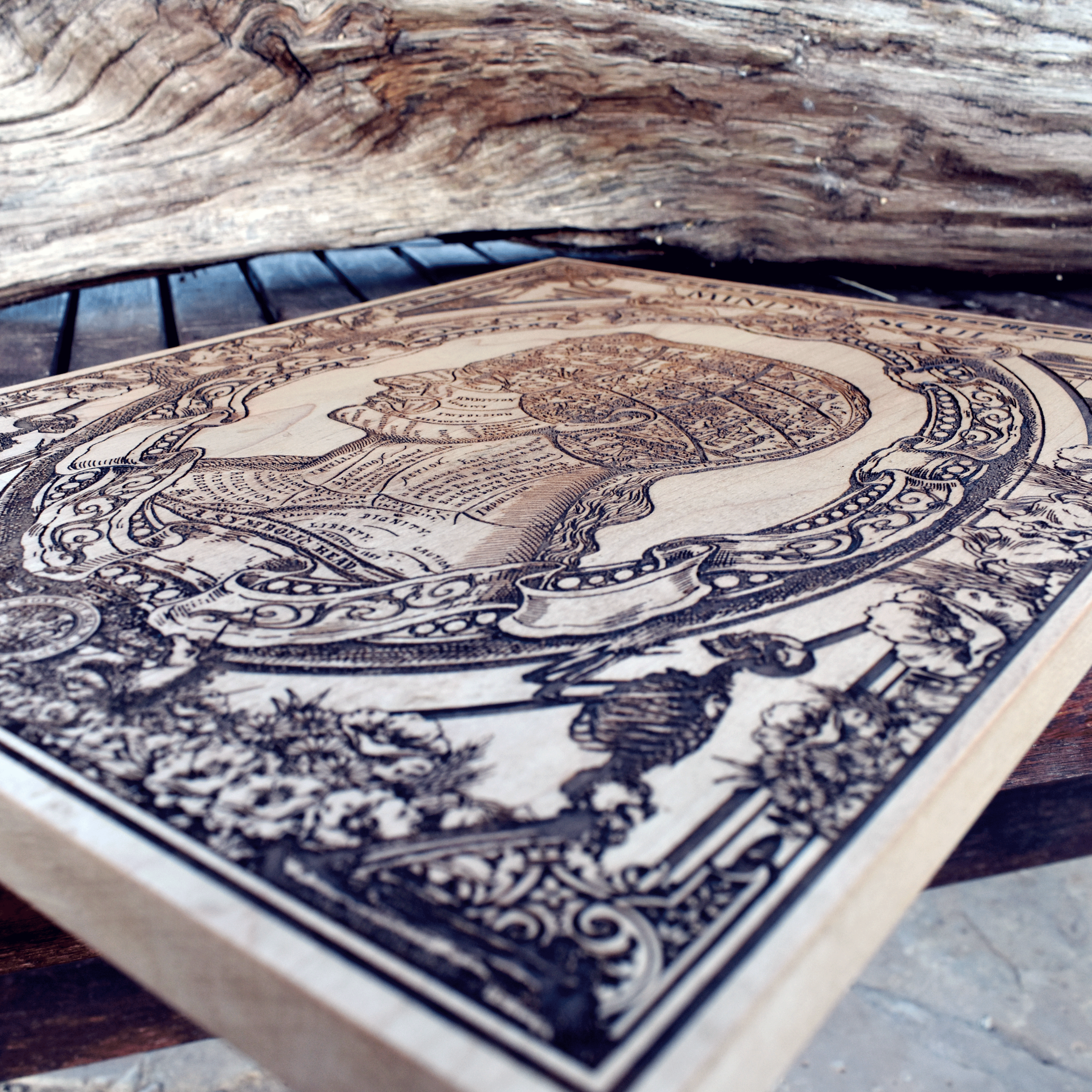 Artistic profile head on wood, symbolic design for philosophy lovers.