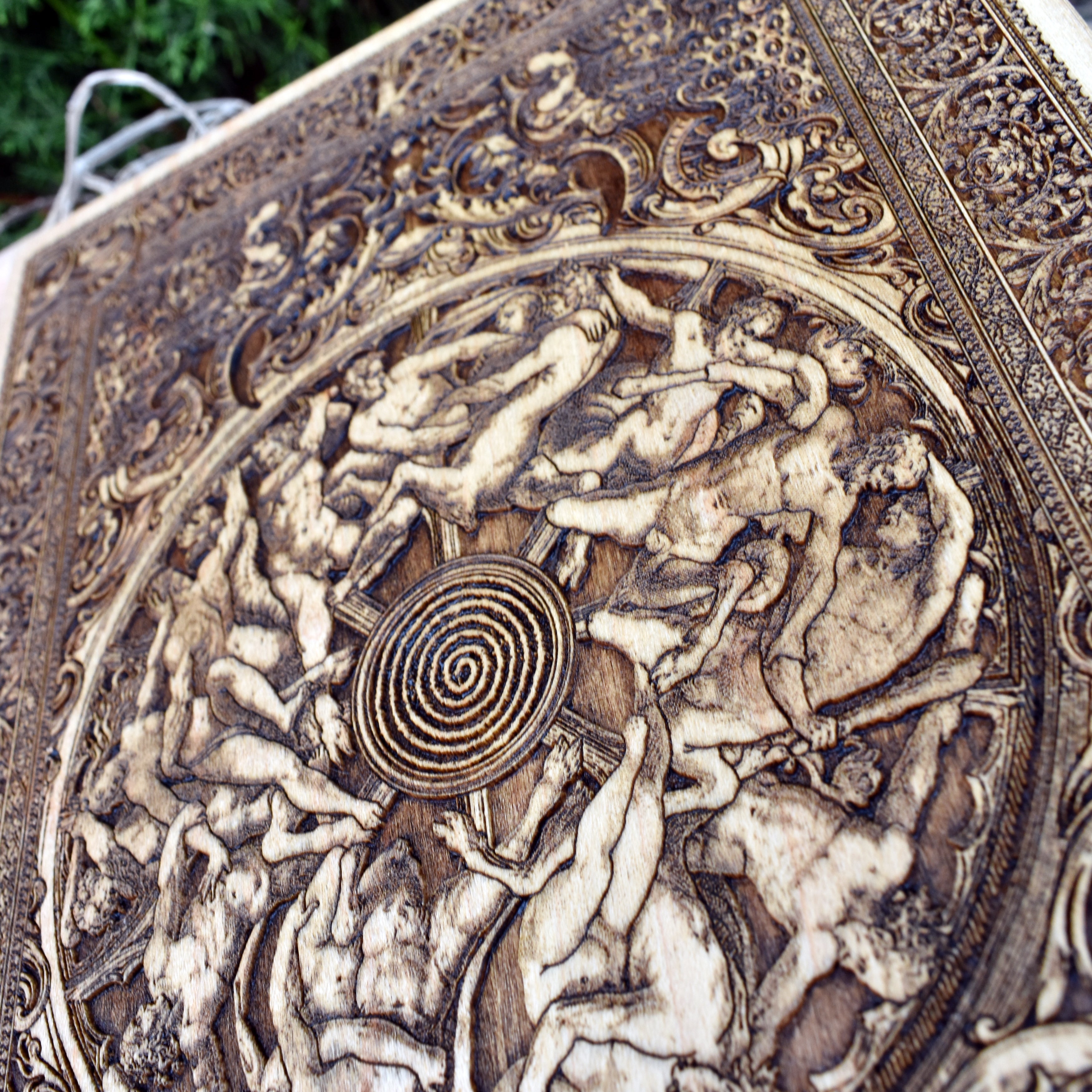 Medieval wooden artwork featuring an engraved battle scene, perfect for adding a historic touch to any study, library, or game room.