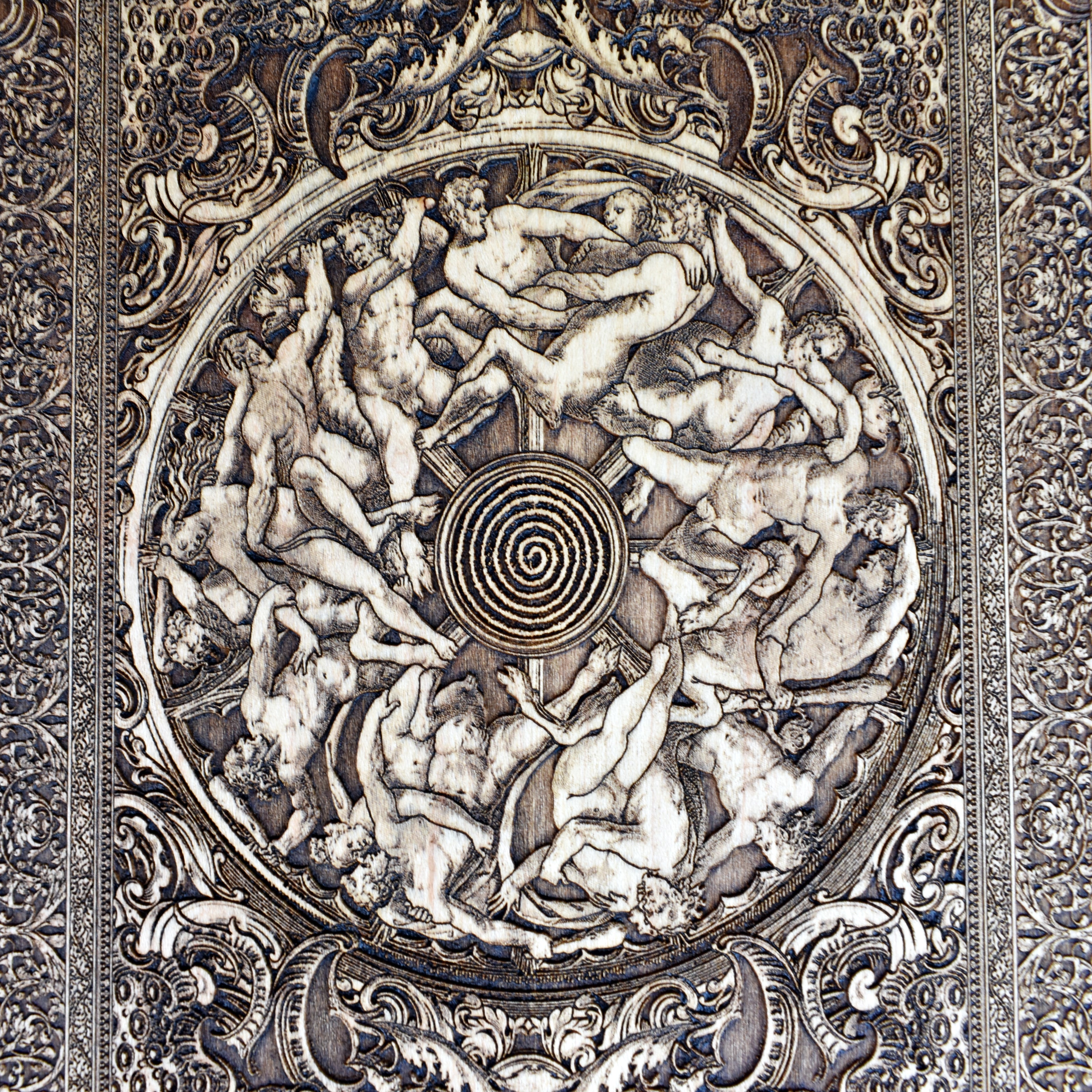Warriors in battle – hand-engraved wood artwork depicting medieval warfare, ideal for history buffs and medieval decor lovers.