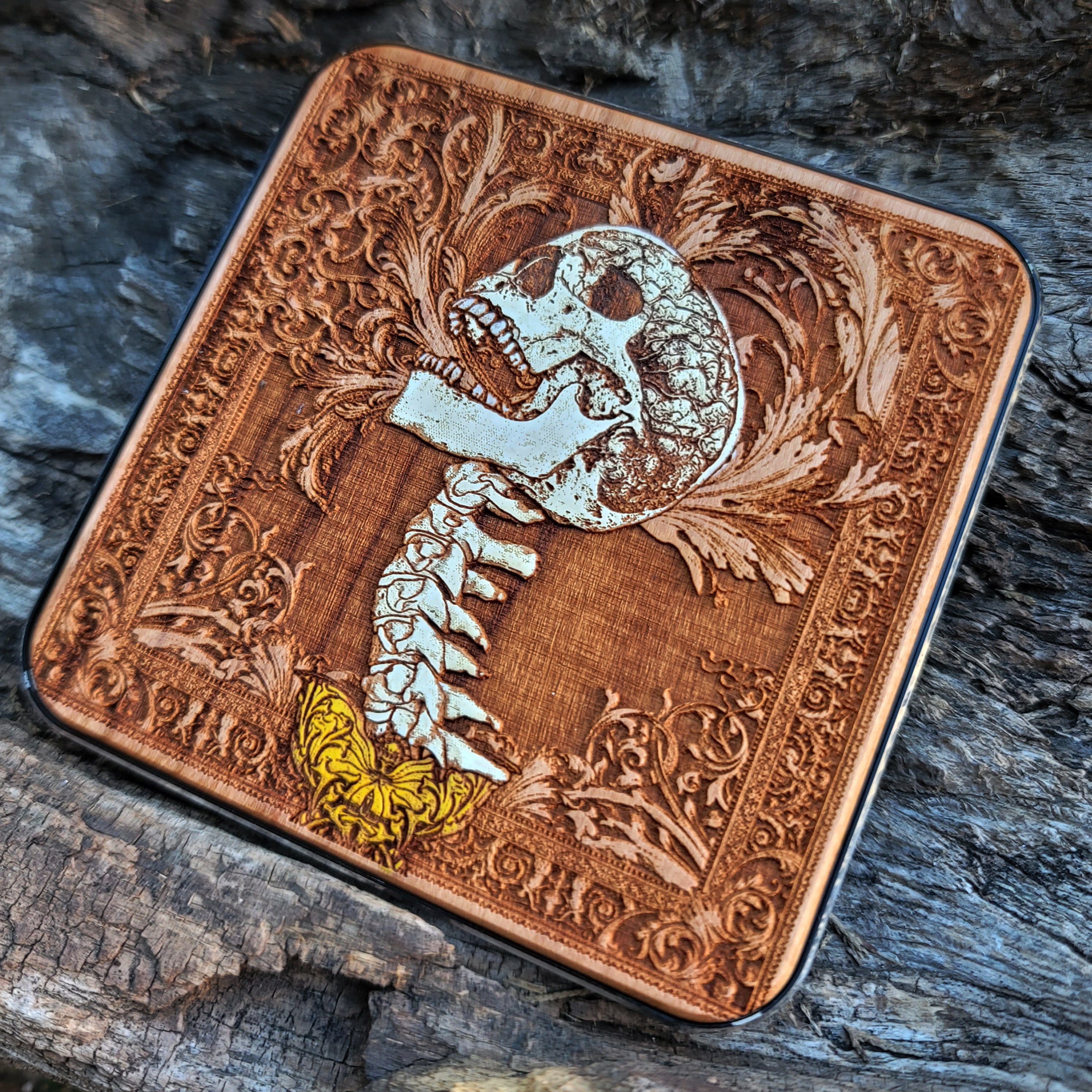Detailed hand-painted skull art on wireless charger – perfect gift for Gothic and dark art fans