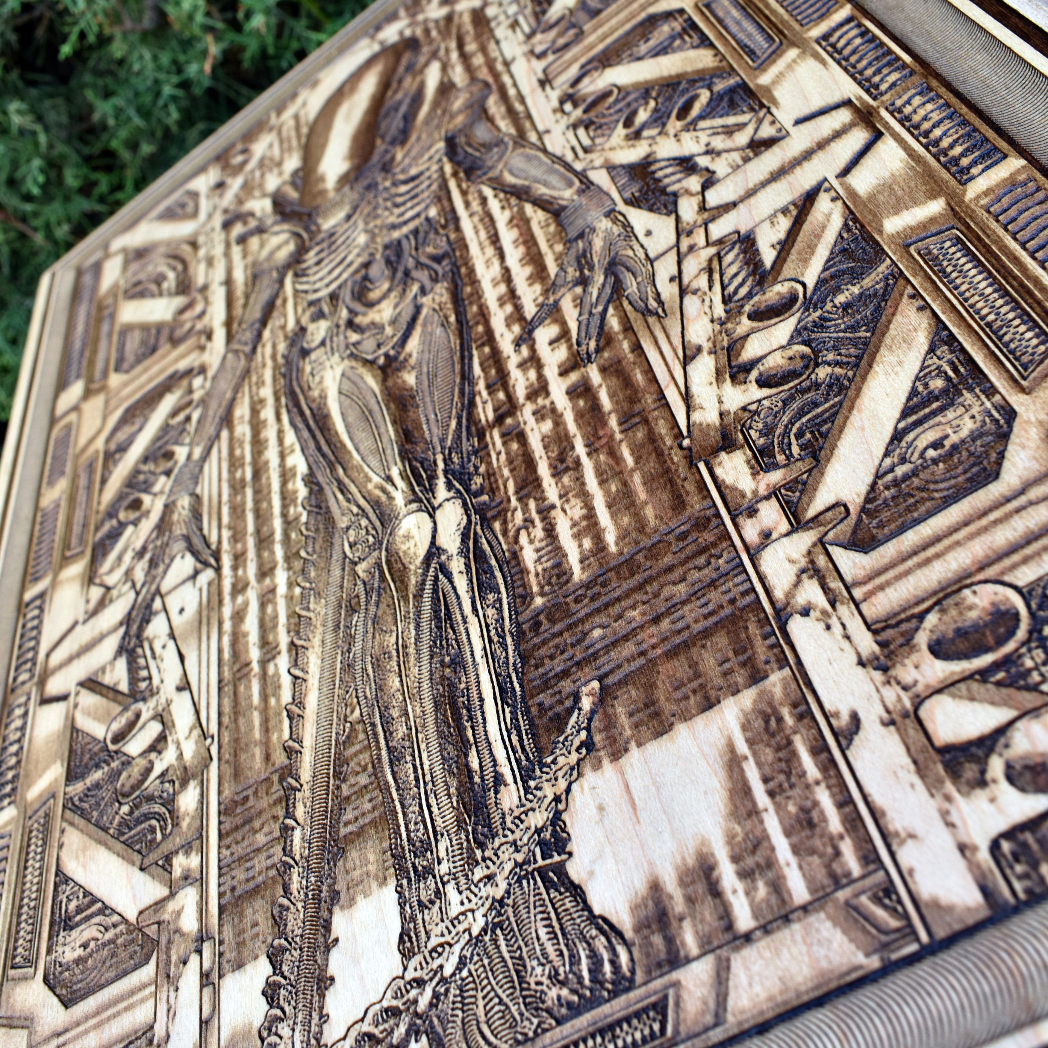 Engraved wood horror decor for sci-fi and Alien fans