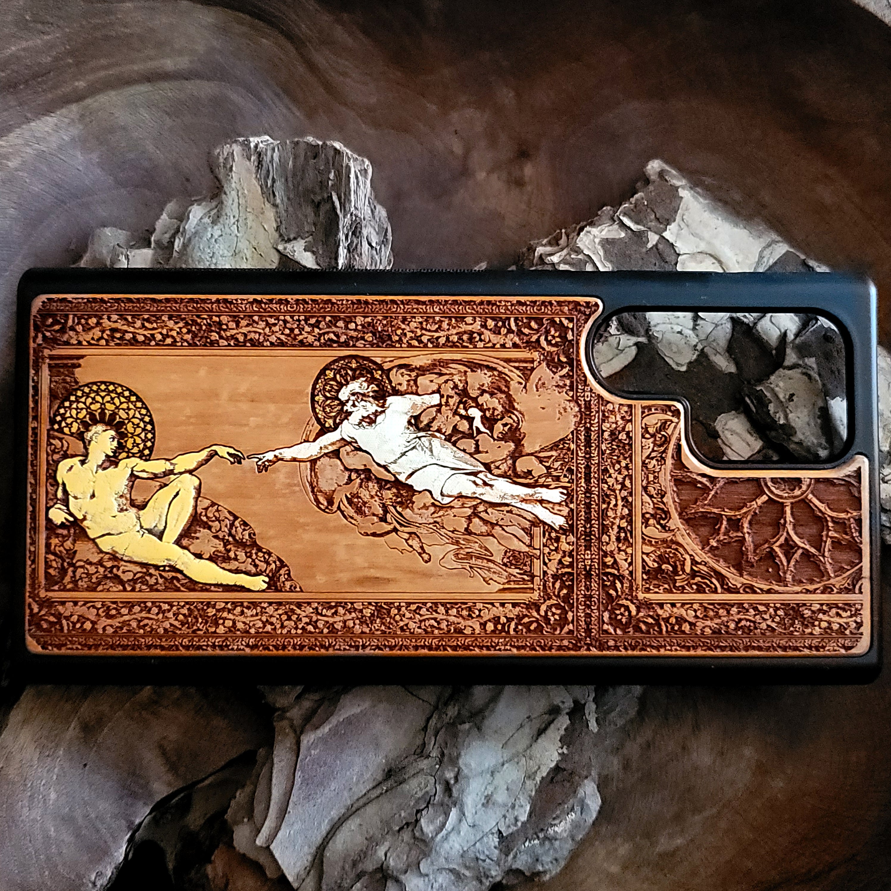 Adam and Eve gothic artwork engraved on a wooden phone case, compatible with iPhone and Samsung Galaxy