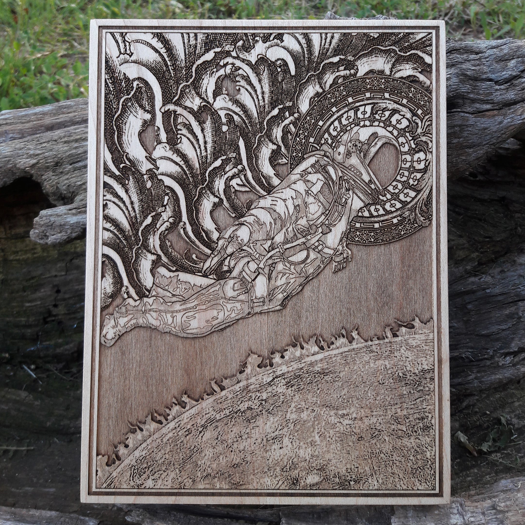 Astronaut falling wood artwork – laser-engraved space decor