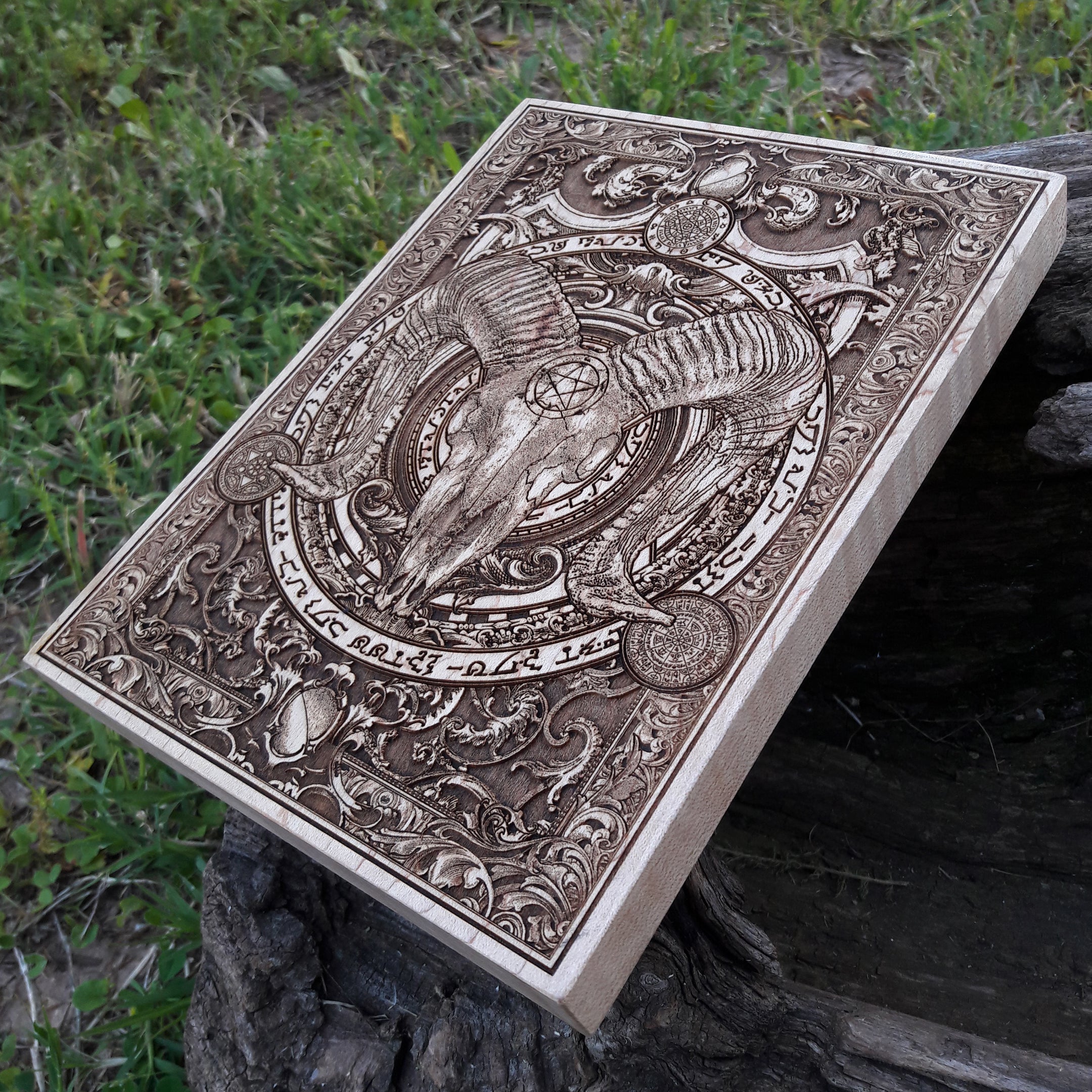 Occult-inspired Baphomet skull wood engraving, ideal for gothic home decor.