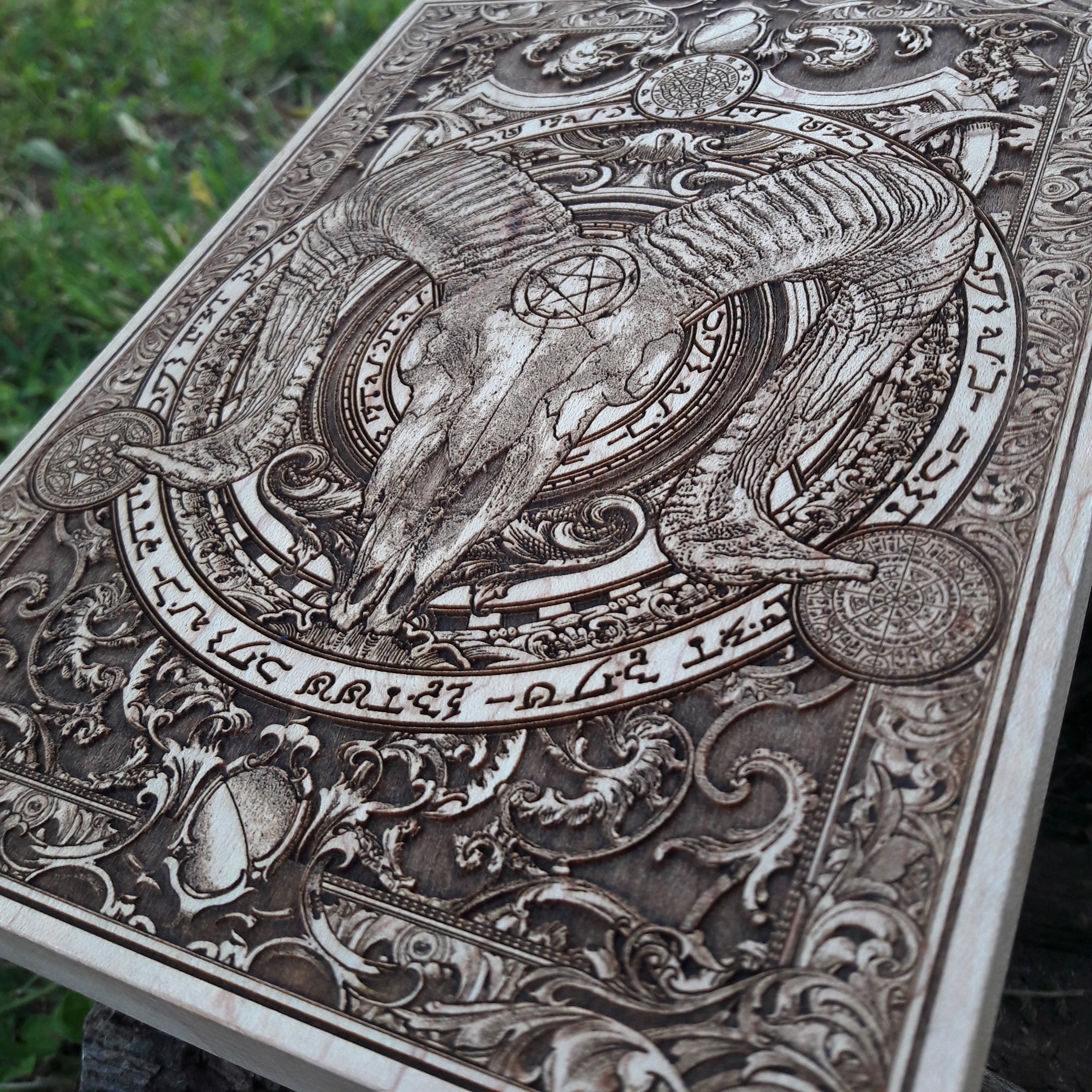 Dark gothic decor – hand-engraved Baphomet ram skull wooden artwork for horror fans.