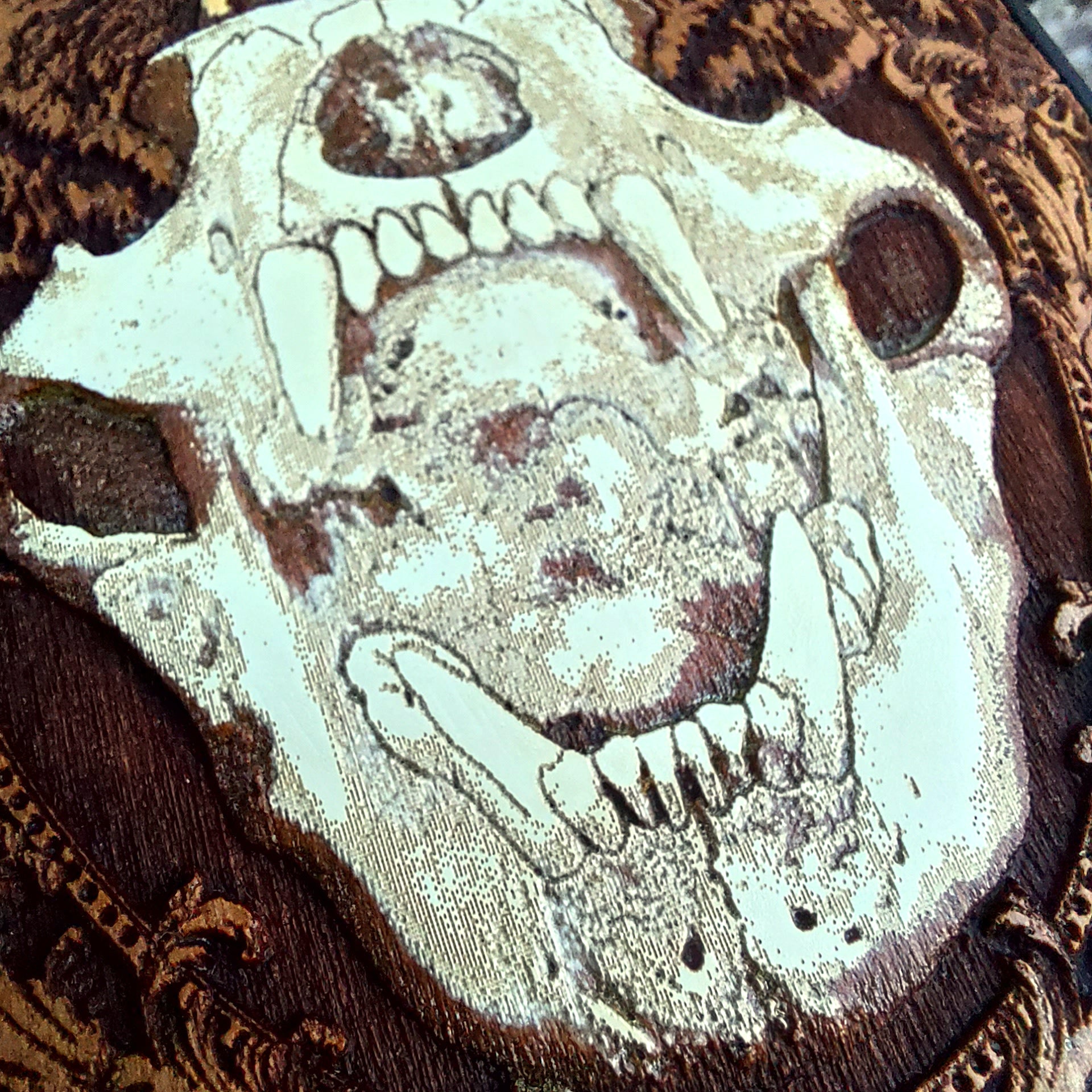 Laser-engraved bear skull design on a wooden phone case, featuring intricate gothic artwork, compatible with iPhone 16, iPhone 15, Galaxy S25, and more.