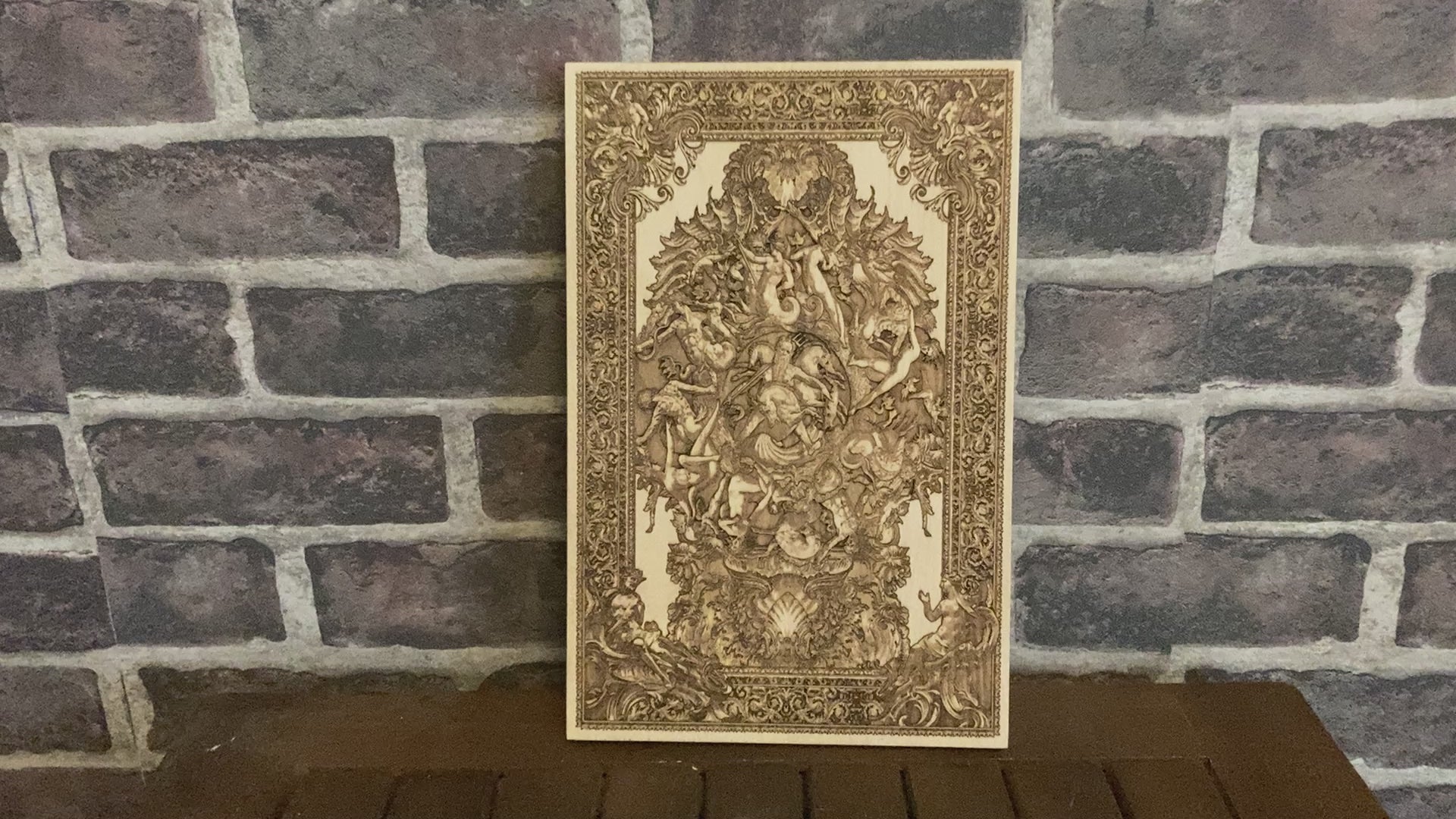 Wooden Neptune artwork, handcrafted ocean god engraving for nautical interiors, beach houses, and coastal-themed rooms.