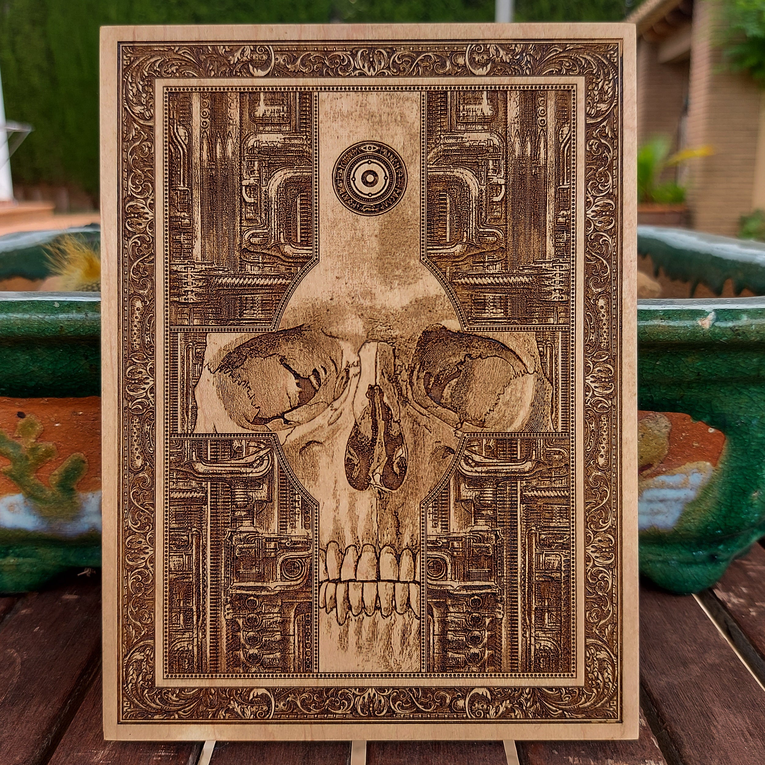 Hand-engraved gothic skull cross on wood, perfect for alternative home decor.