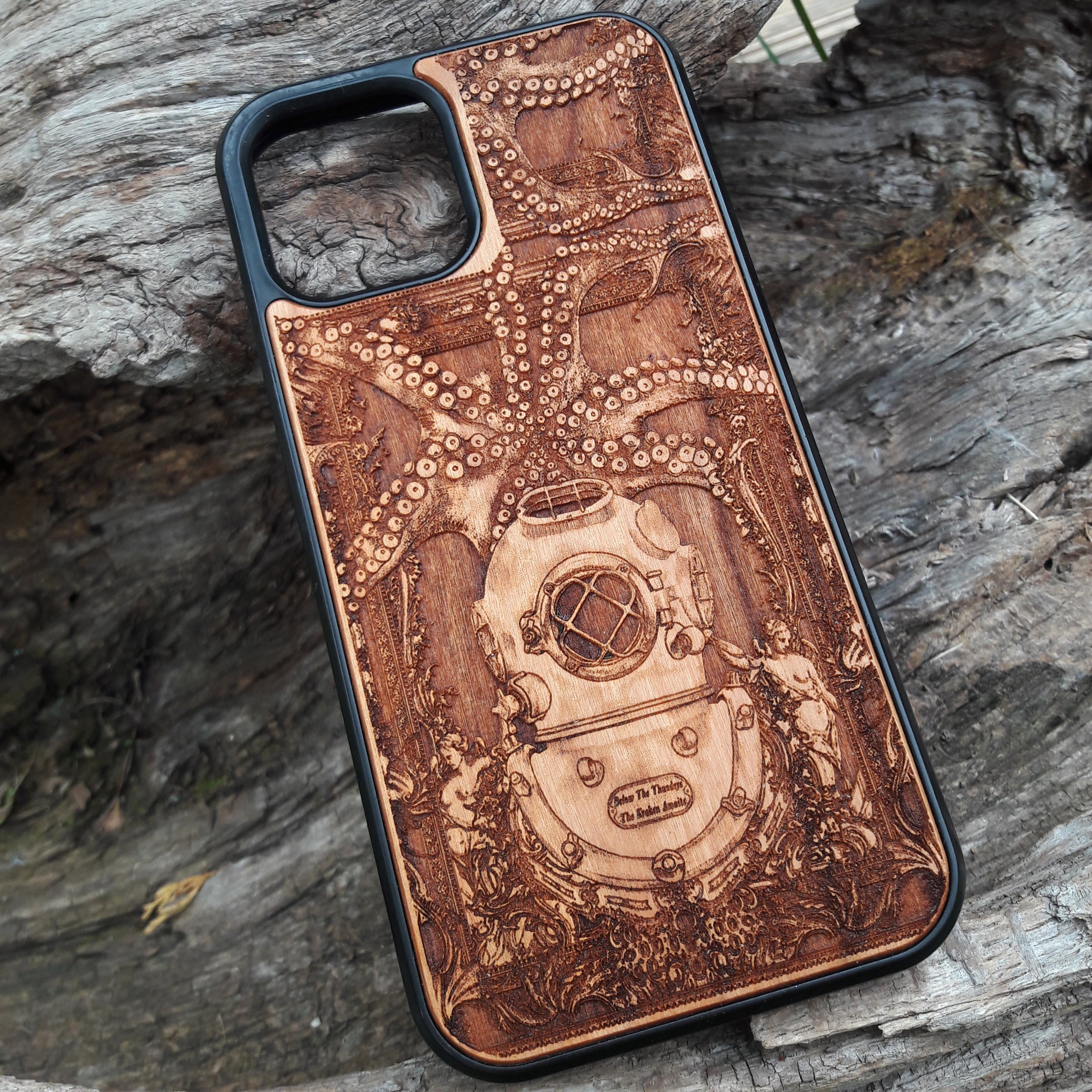 Wooden phone case with a Kraken and diver design, laser-engraved for iPhone , Samsung Galaxy S, S24, and more. Perfect for lovers of nautical themes and unique phone accessories.