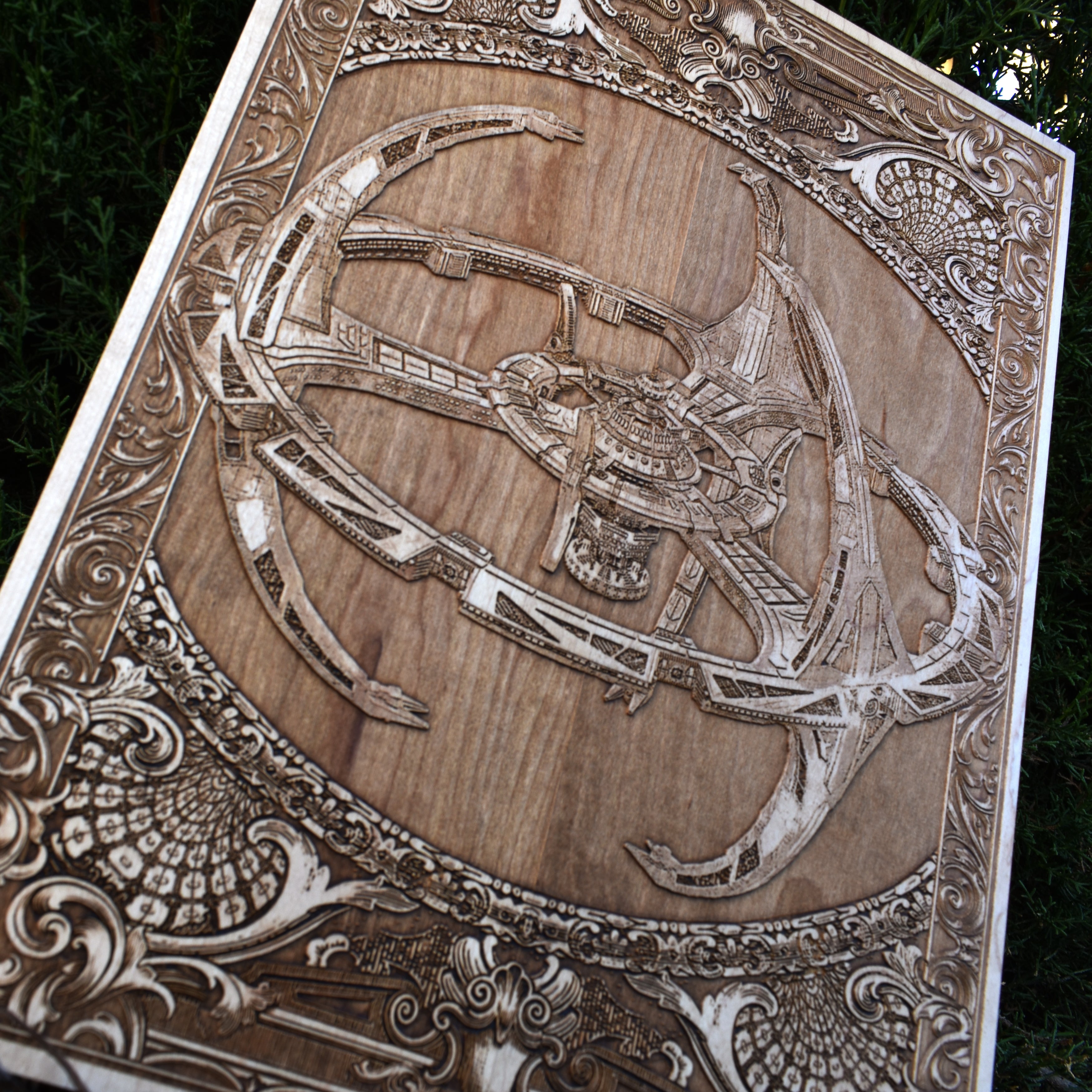 Sci-fi spaceship engraved wood decor DS9 inspired