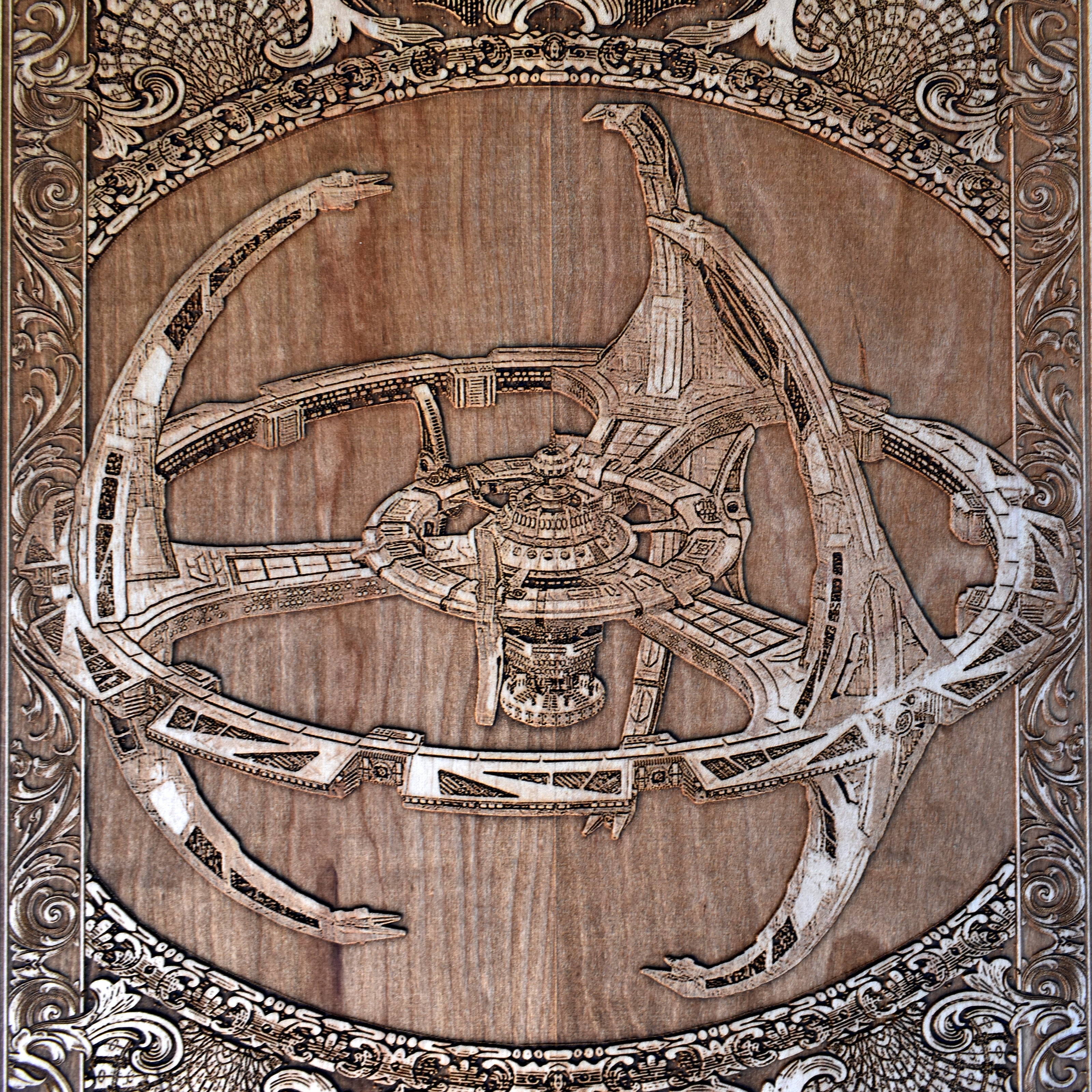 Sci-fi wood art with futuristic spaceship design
