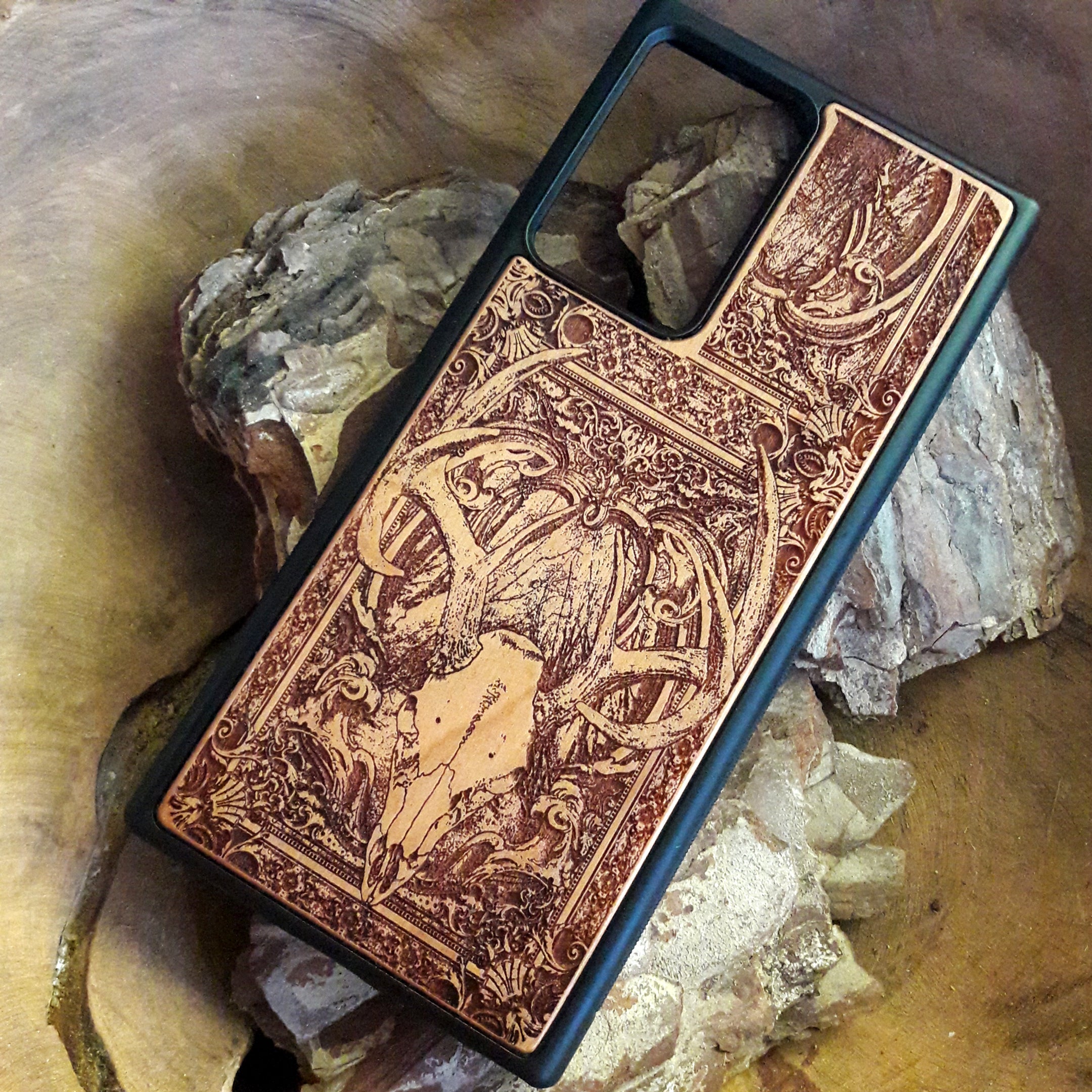 Unique handmade wooden case with gothic skull engraving. Fits iPhone , Galaxy S, and more. A perfect 5-year anniversary wood gift.