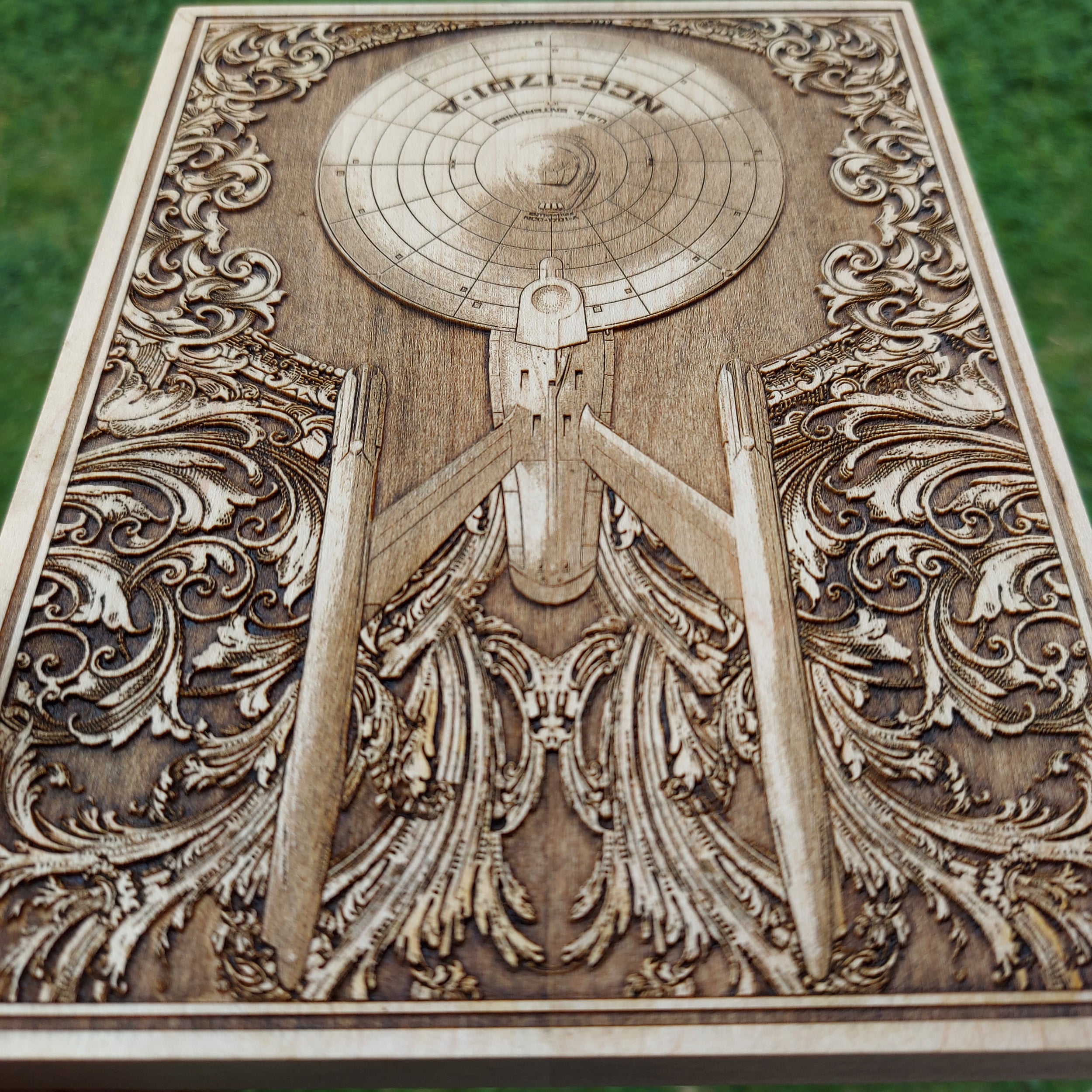 Handcrafted sci-fi wood wall art – laser-engraved Starship Enterprise.
