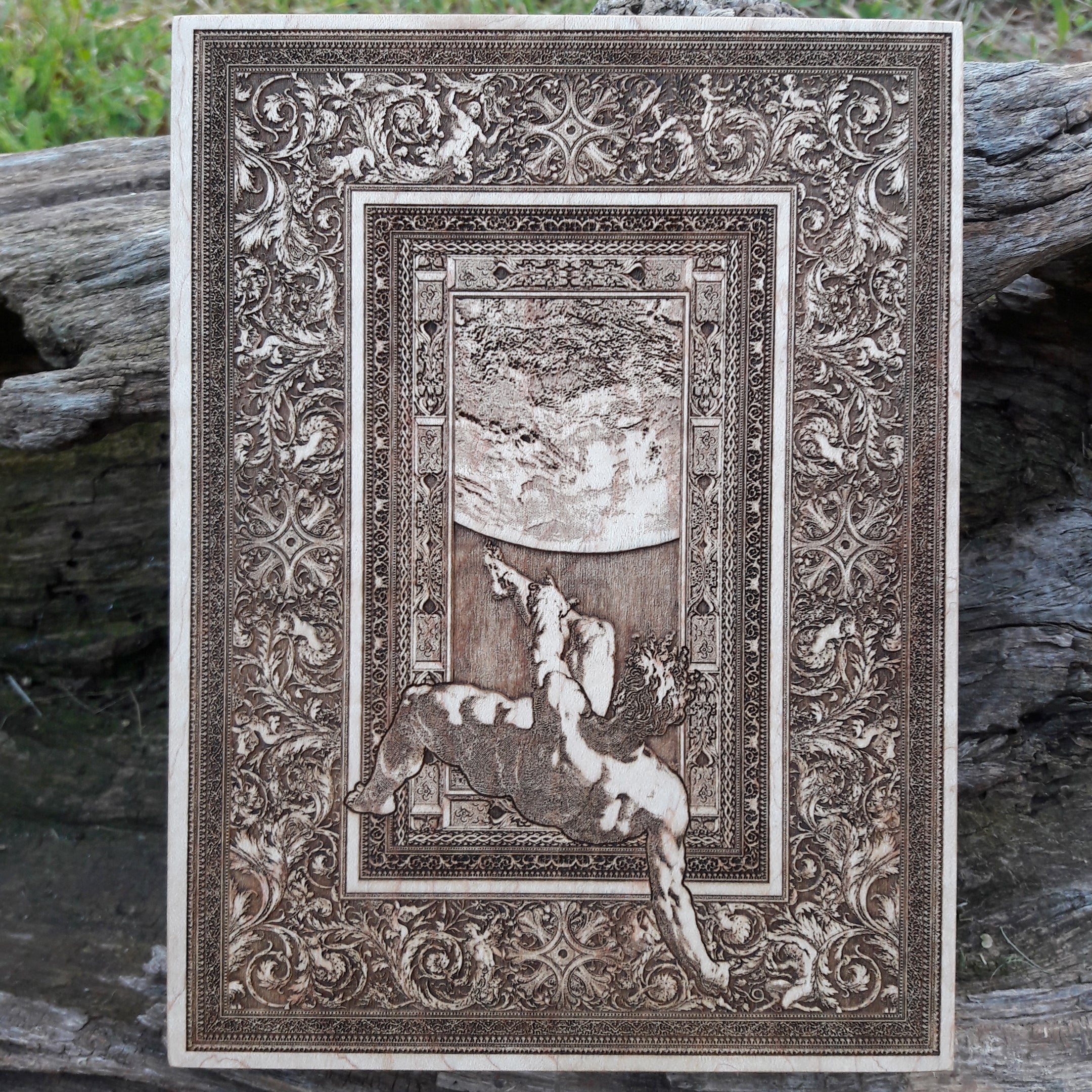 The Fall of Phaeton Greek mythology wood engraving – handcrafted, laser-etched artwork for collectors & history lovers.