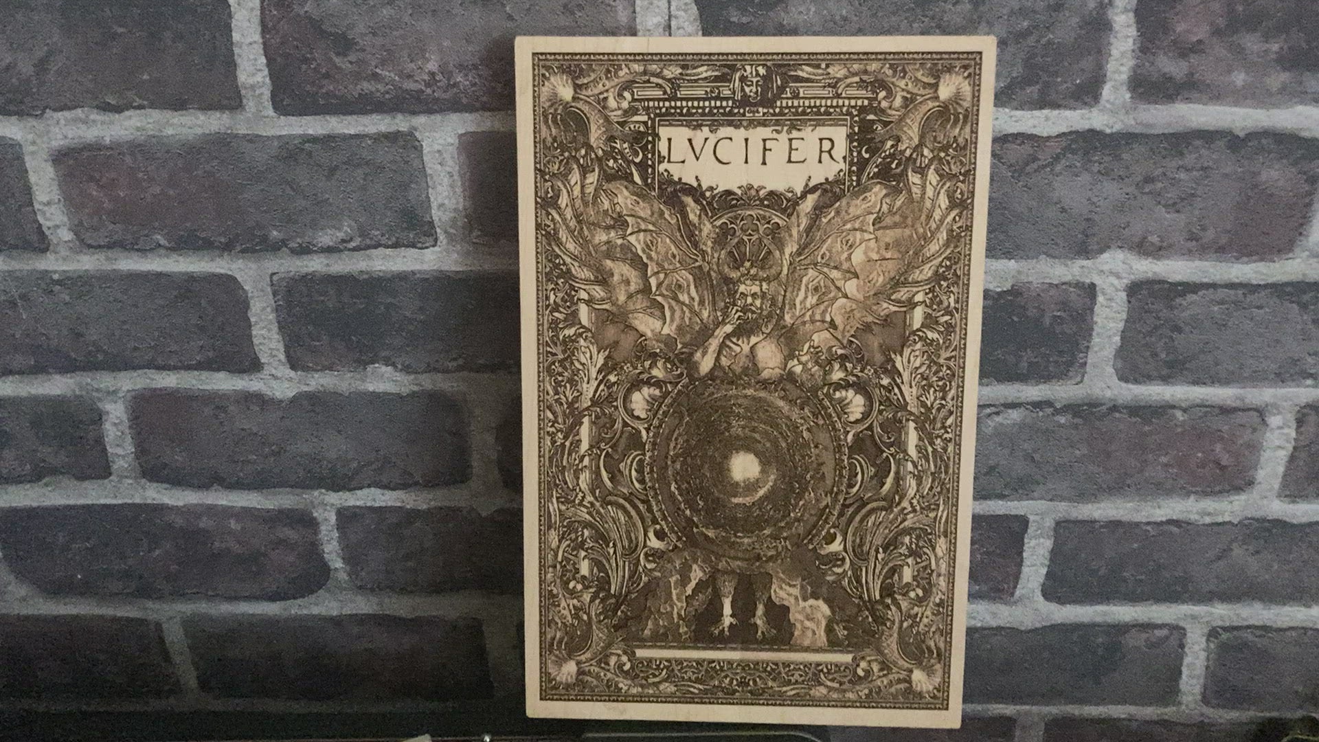 Intricate Satanic wood art featuring Lucifer’s dark presence, a must-have for horror collectors and gothic room decor.