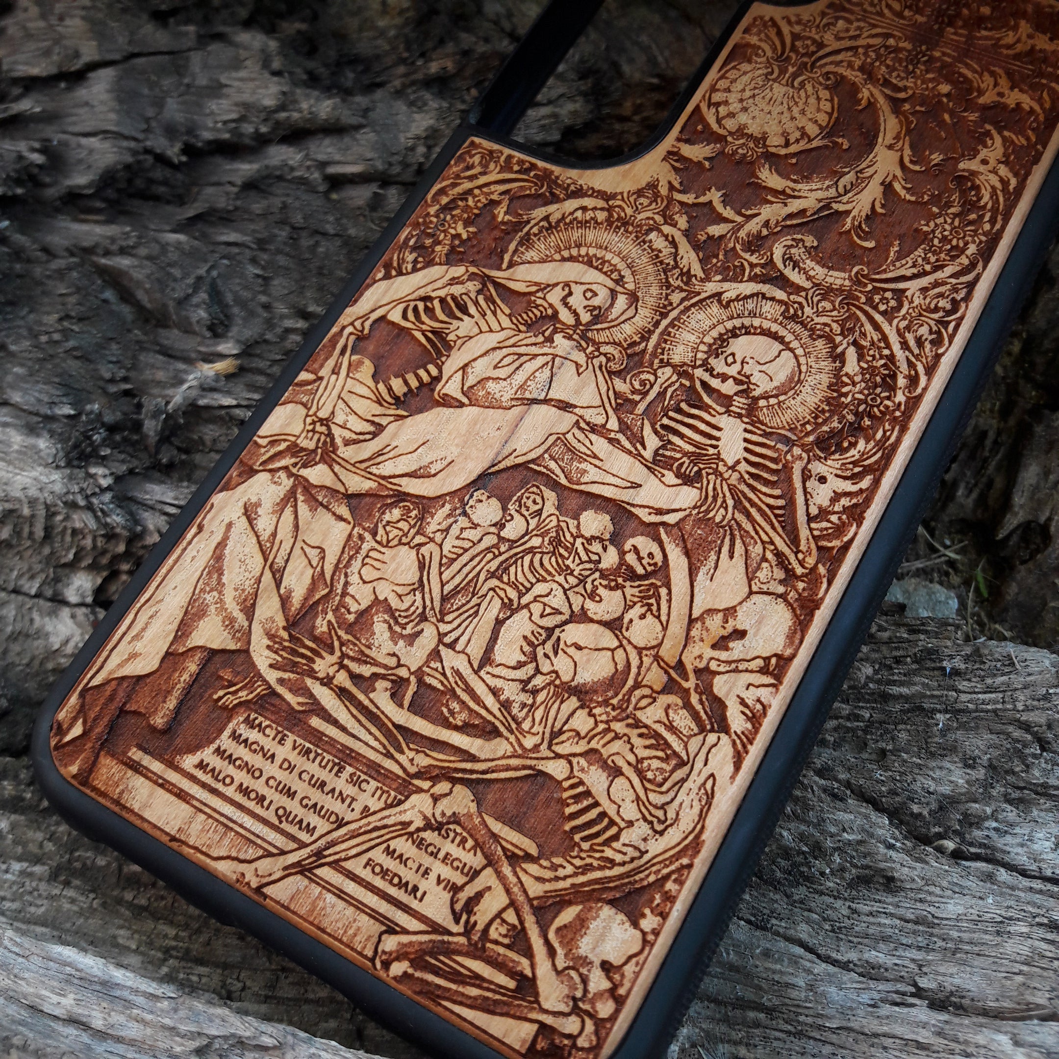 Gothic "Dance of Death" inspired skeletons phone case, laser-engraved wood design, showcasing intricate details for iPhone  and Samsung Galaxy S, offering a dark and unique aesthetic. Durable and slim fit.