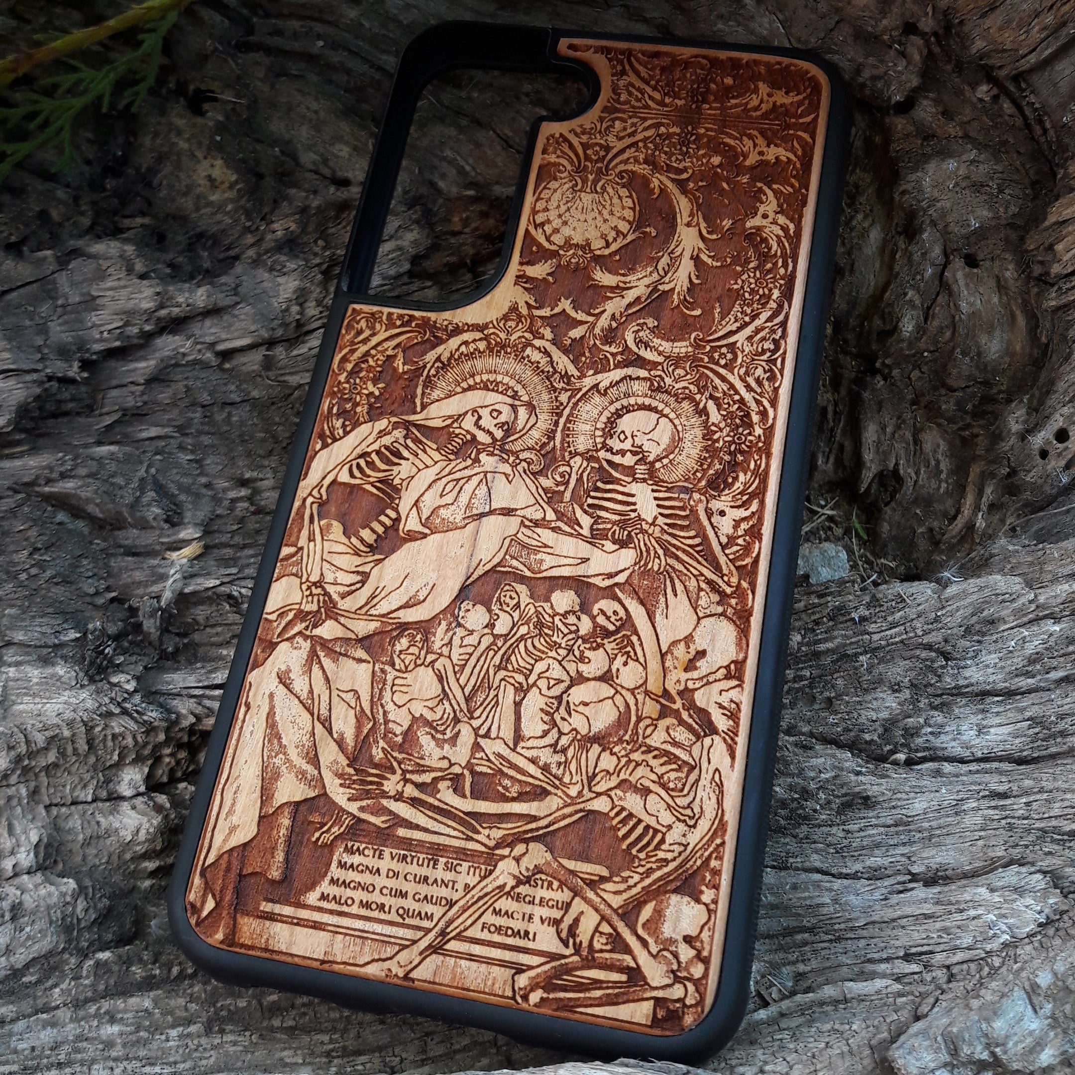 Gothic "Dance of Death" inspired skeletons phone case, laser-engraved wood design, showcasing intricate details for iPhone  and Samsung Galaxy S, offering a dark and unique aesthetic. Durable and slim fit.