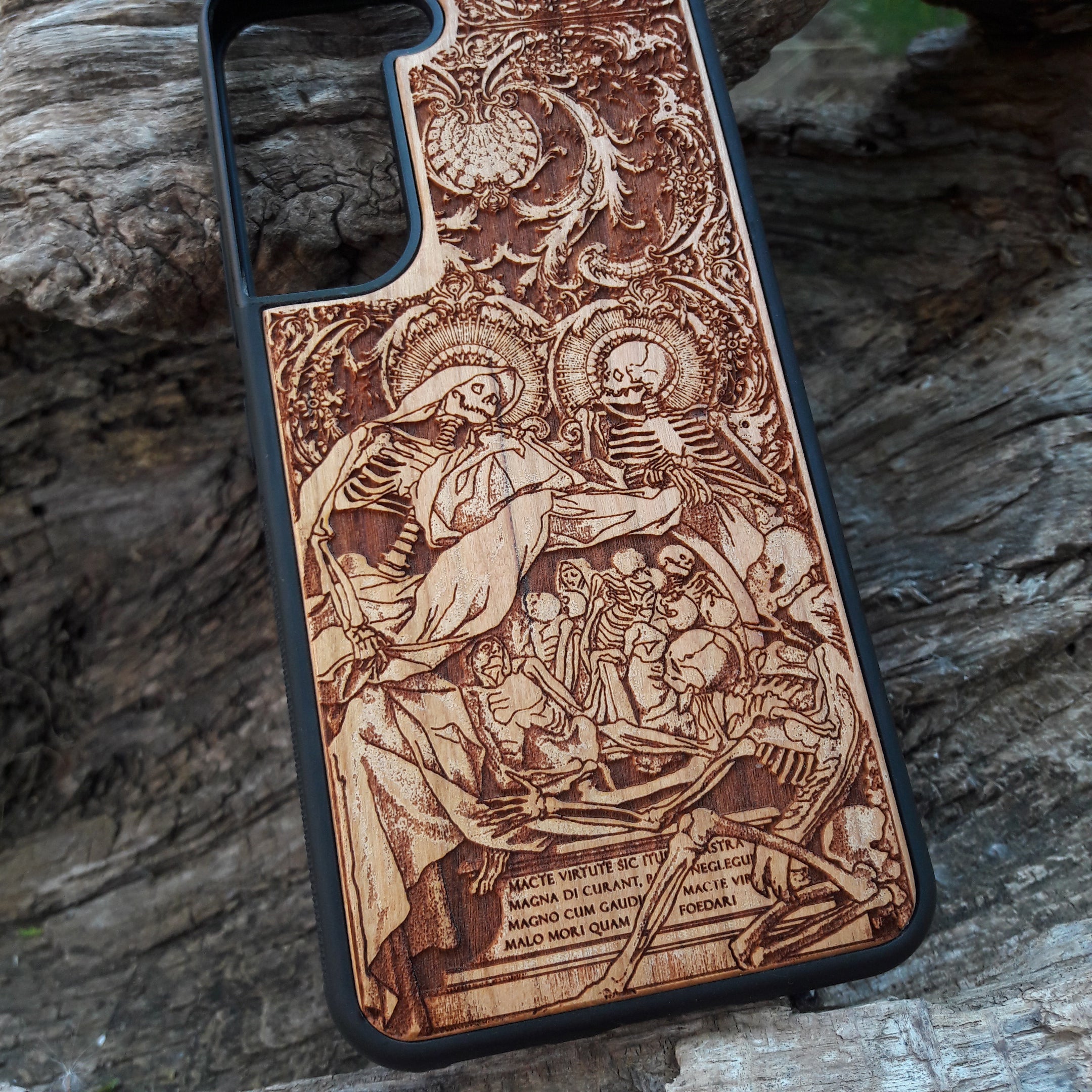 Gothic "Dance of Death" inspired skeletons phone case, laser-engraved wood design, showcasing intricate details for iPhone  and Samsung Galaxy S, offering a dark and unique aesthetic. Durable and slim fit.