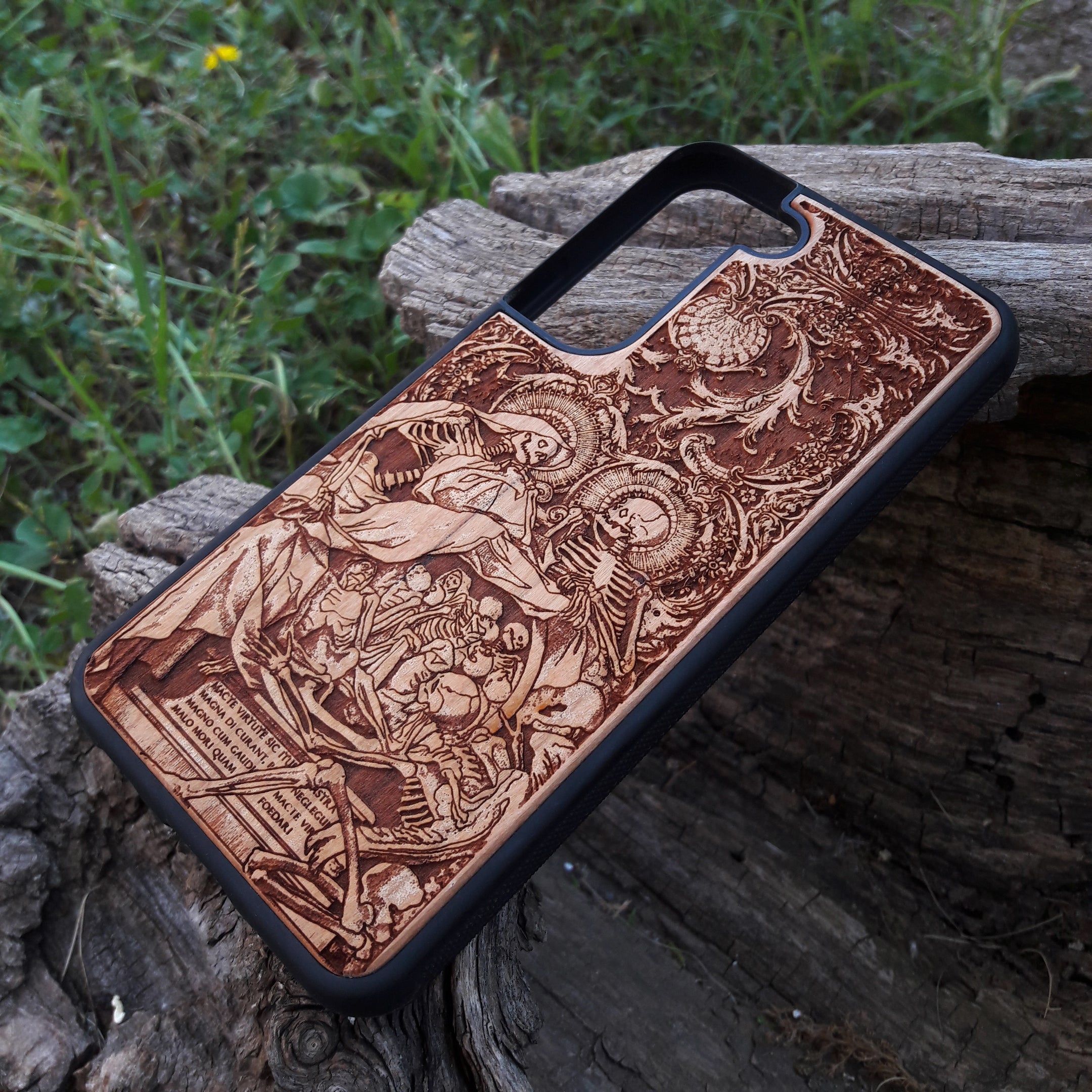 Gothic "Dance of Death" inspired skeletons phone case, laser-engraved wood design, showcasing intricate details for iPhone  and Samsung Galaxy S, offering a dark and unique aesthetic. Durable and slim fit.