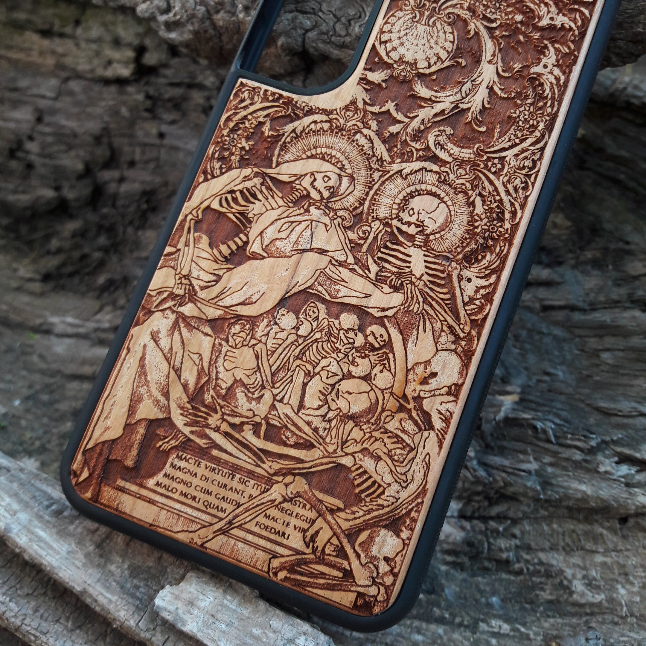 Unique horror-themed wood phone case, perfect for collectors and fans