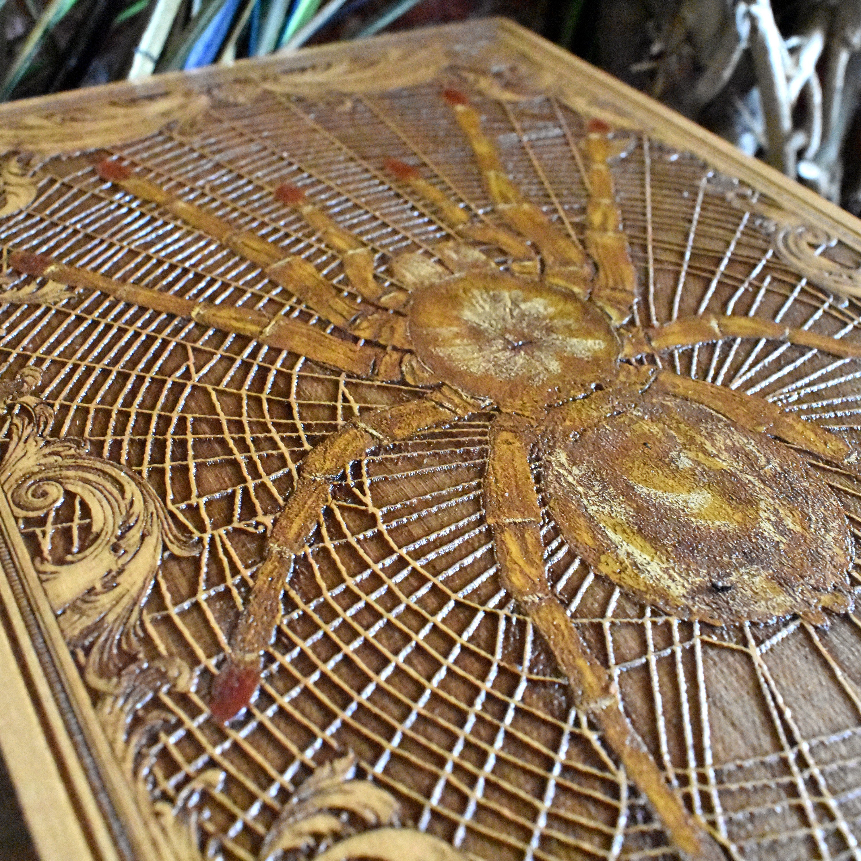 Realistic Goliath spider painting on wood, handmade gothic wall decor.