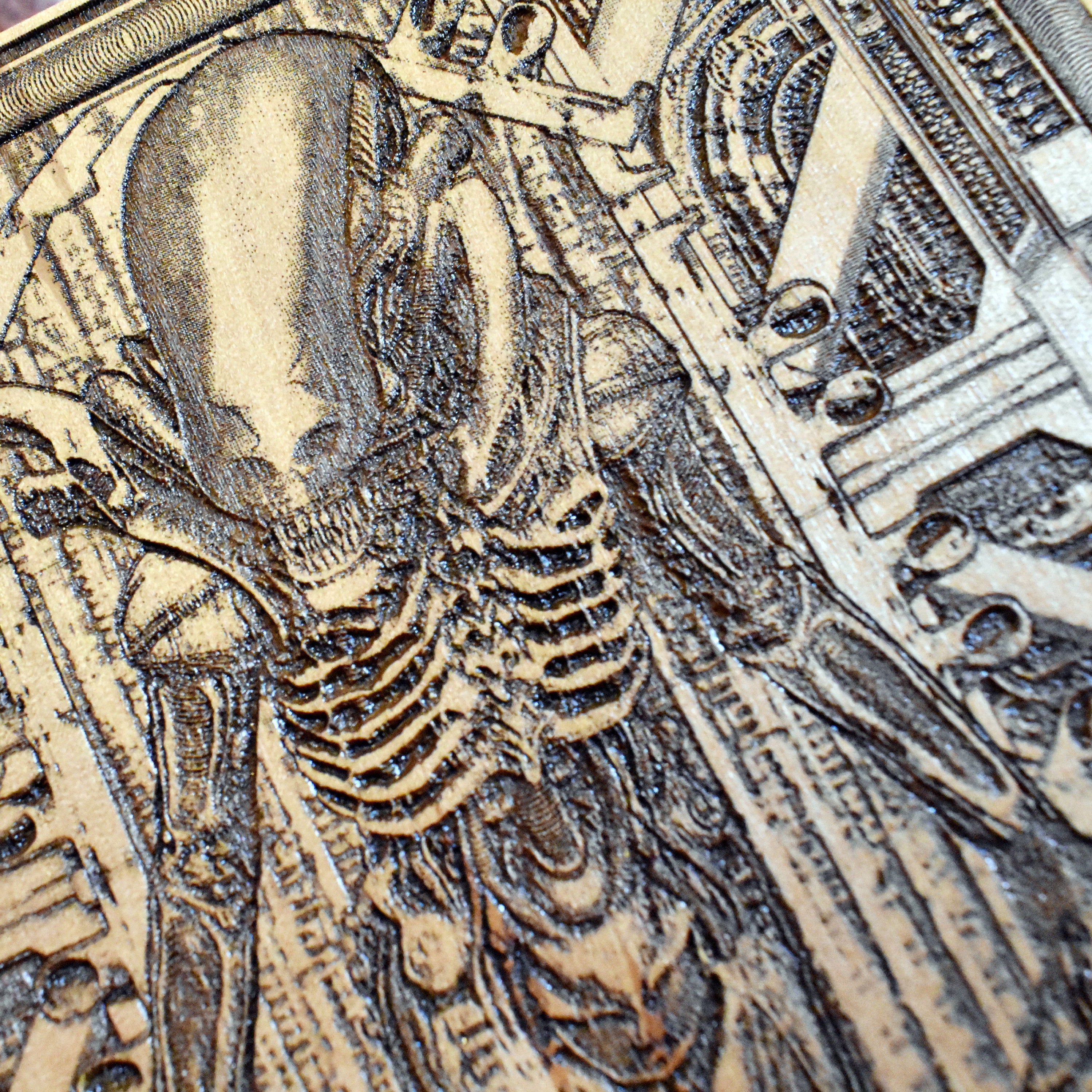 Handmade wood art of Xenomorph, inspired by the Alien movie franchise.