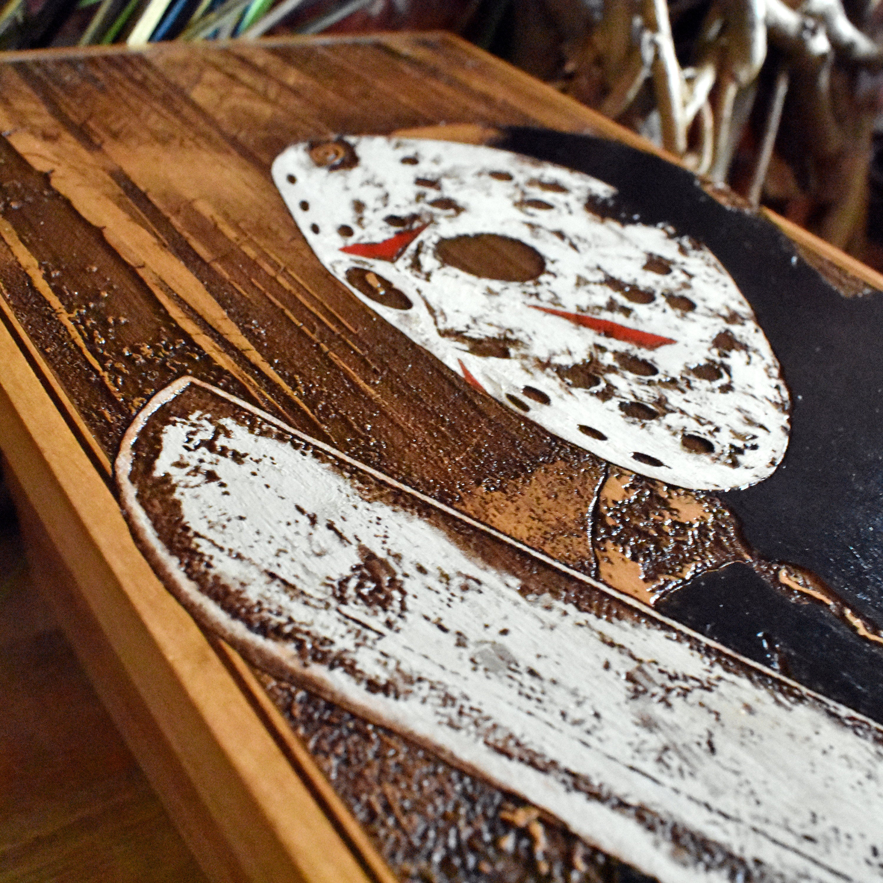 Jason Voorhees slasher art, hand-painted wooden panel for horror lovers