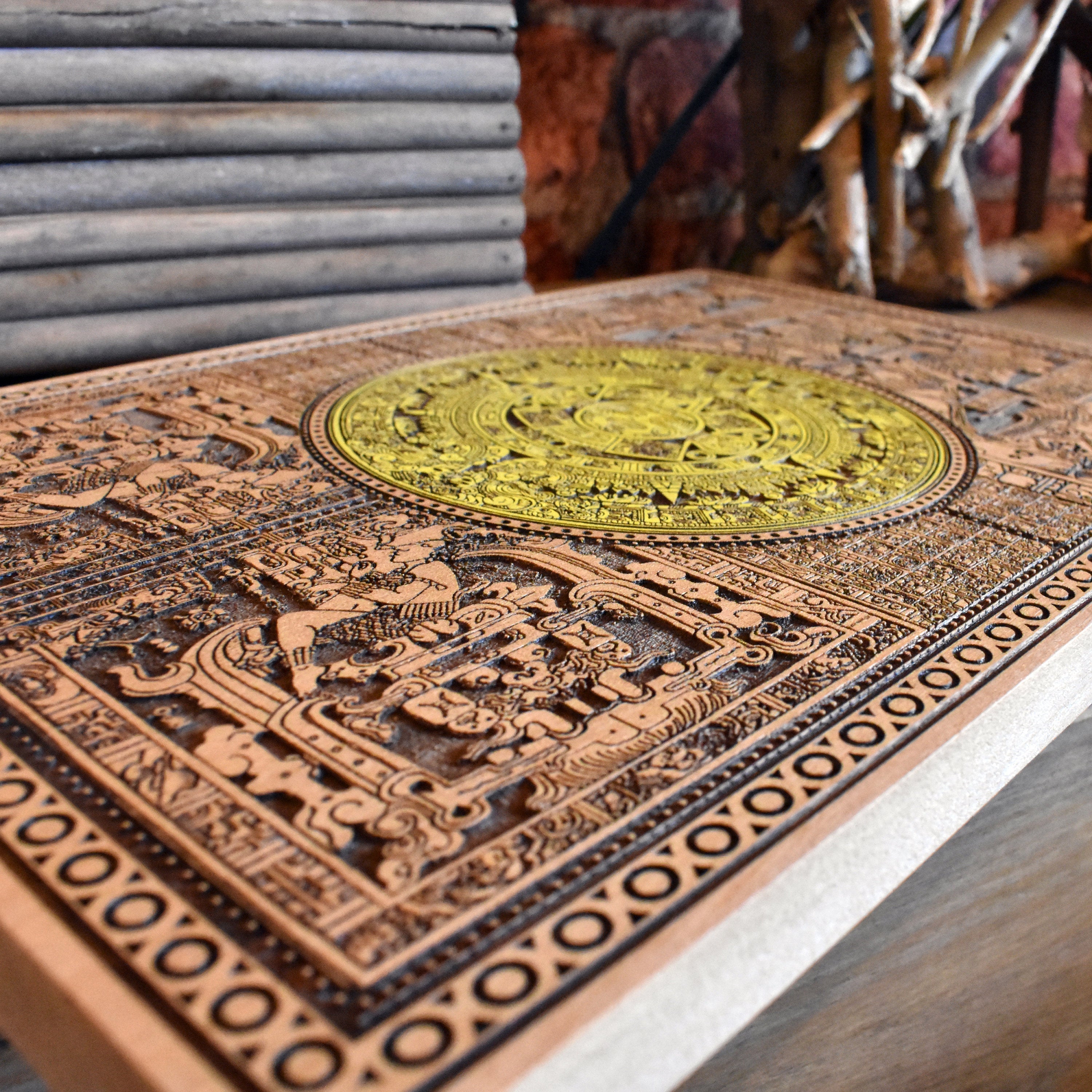 Aztec calendar wood decor, hand-painted for home or office display.