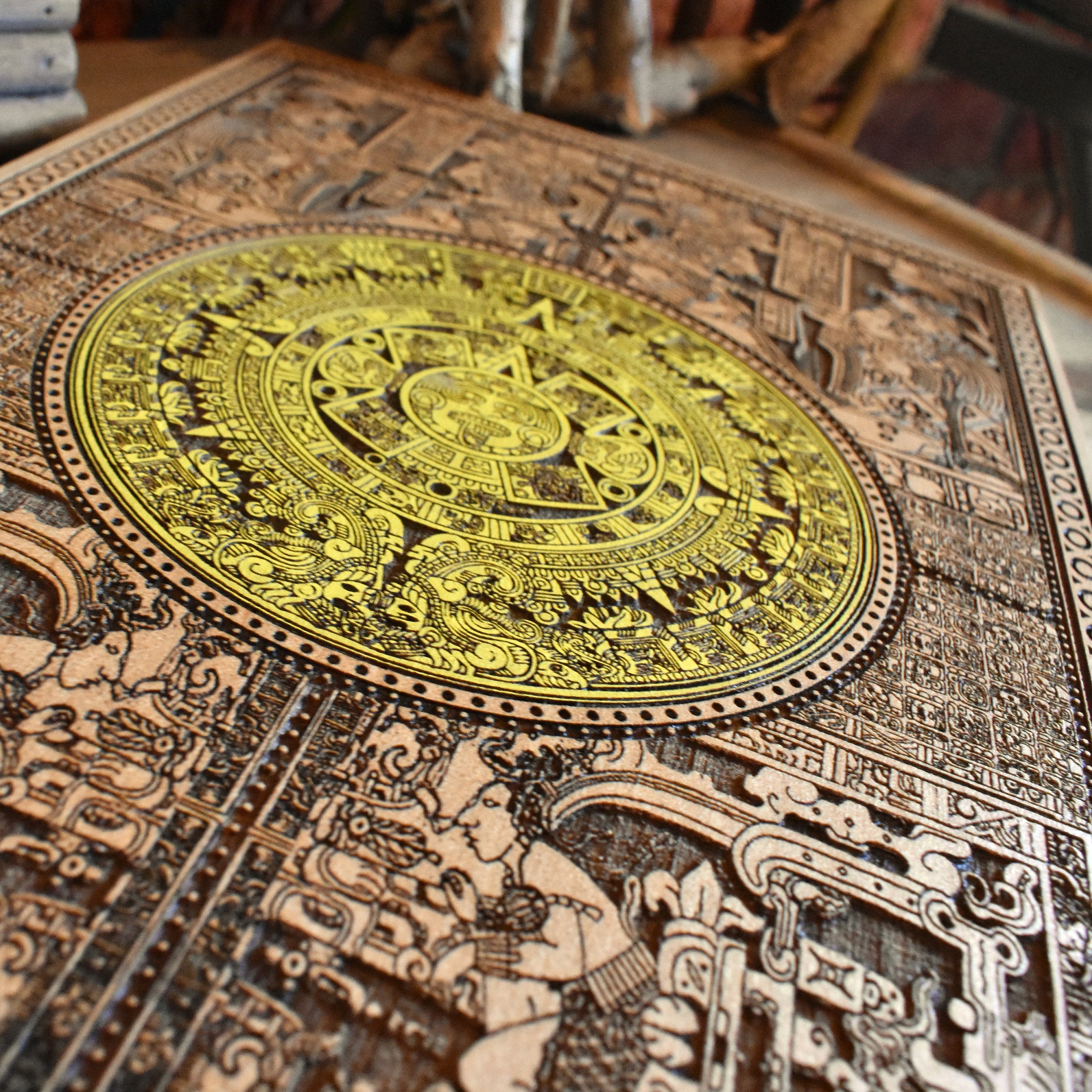Cultural Aztec calendar gift, handcrafted and engraved on solid wood.