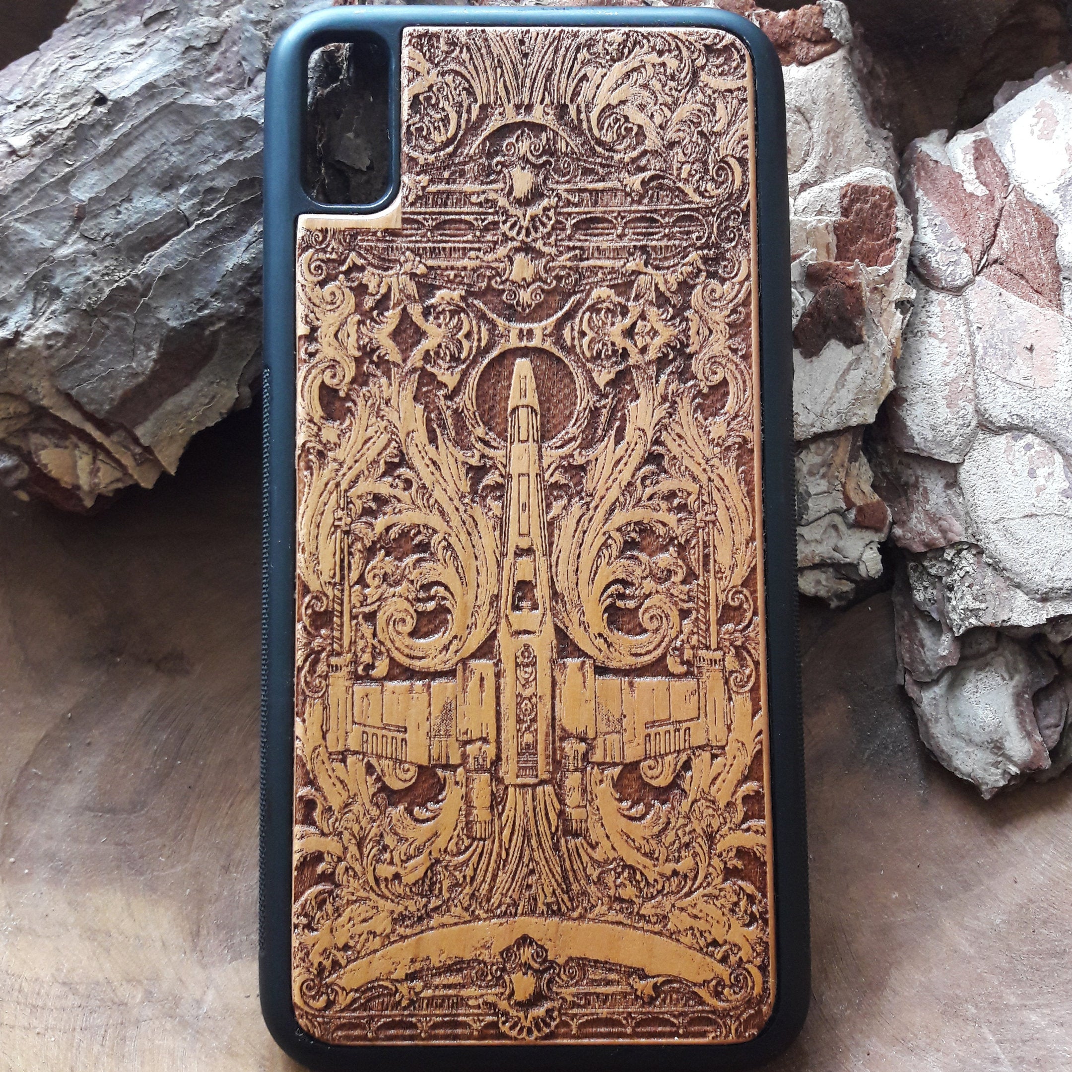 X-Wing Starship wood phone case, hand-painted and laser engraved design