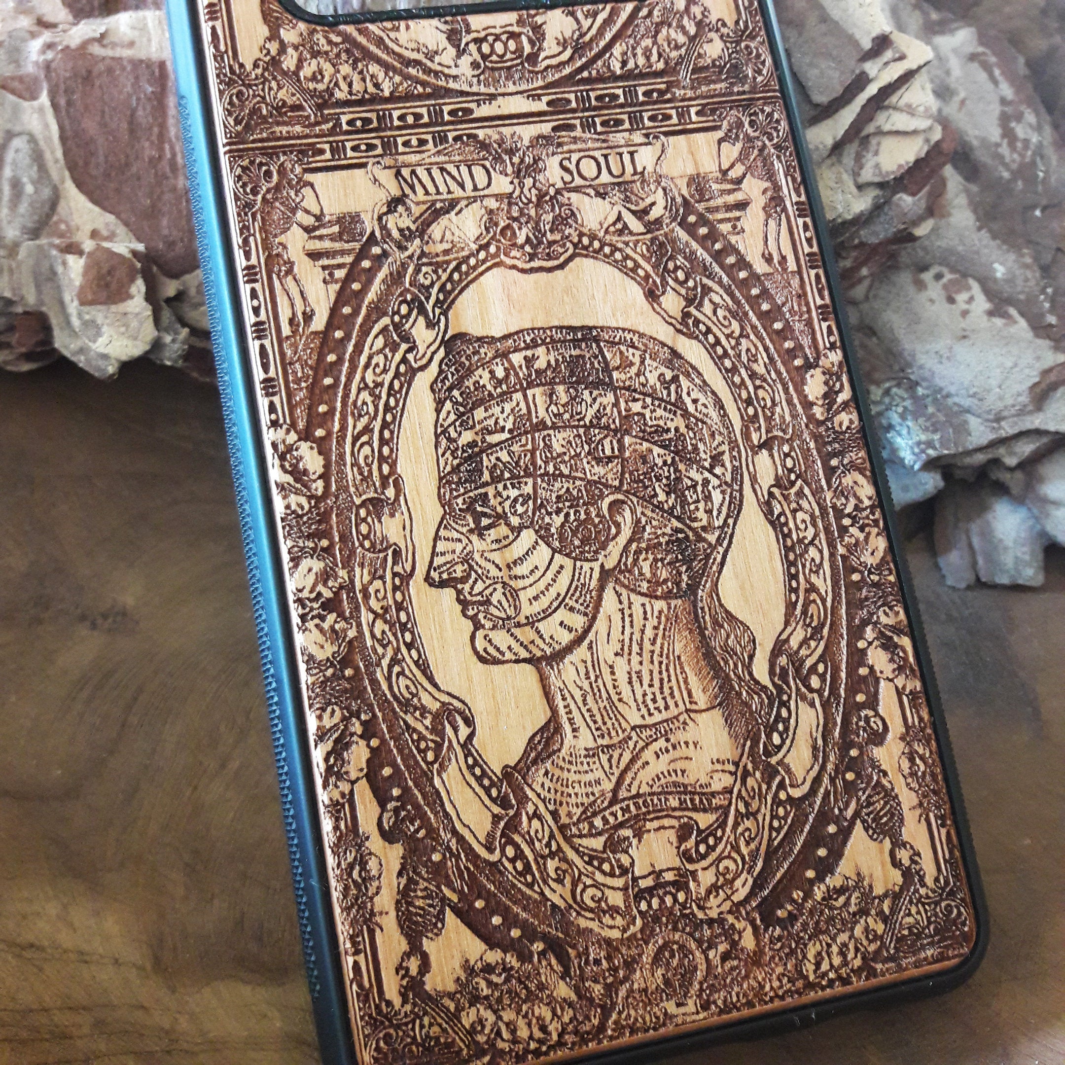 Wooden phone case with gothic skull and skeleton design, handcrafted for iPhone , iPhone 15, Samsung Galaxy S, and more. Unique, durable, and perfect for fans of gothic and dark fantasy art.