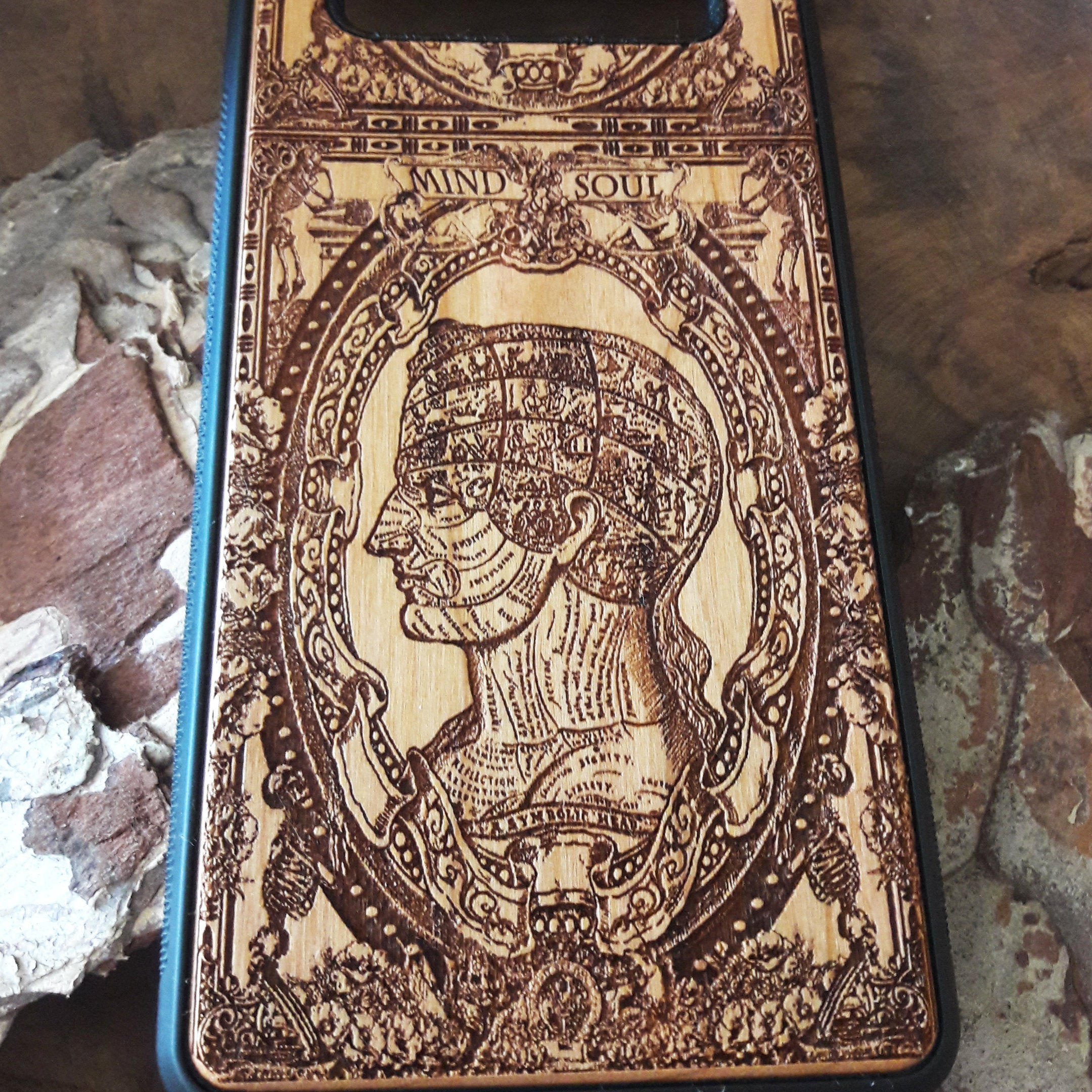 Wooden phone case with gothic skull and skeleton design, handcrafted for iPhone , iPhone 15, Samsung Galaxy S, and more. Unique, durable, and perfect for fans of gothic and dark fantasy art.