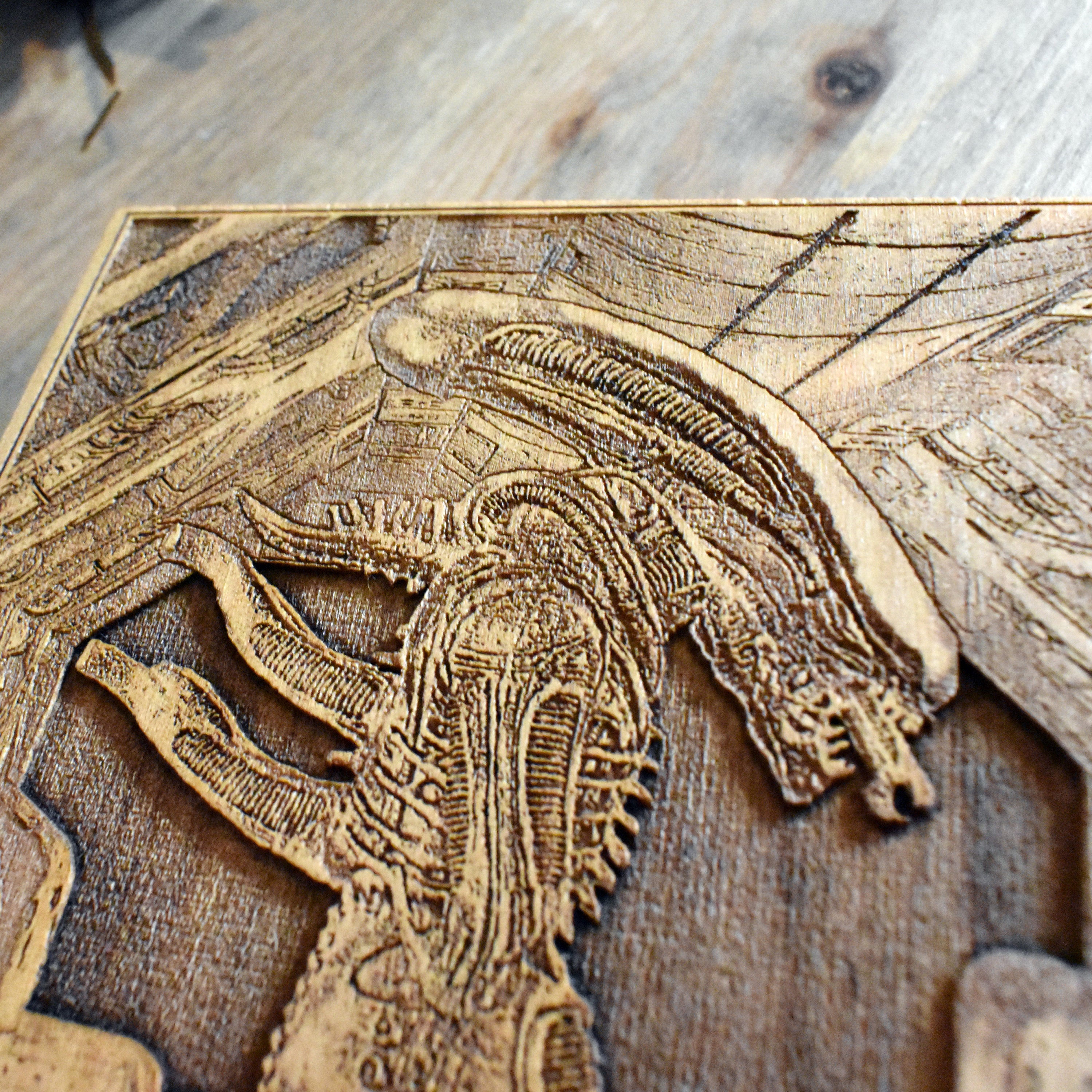 Sci-fi horror wood wall art – laser-etched Alien Xenomorph creature design.