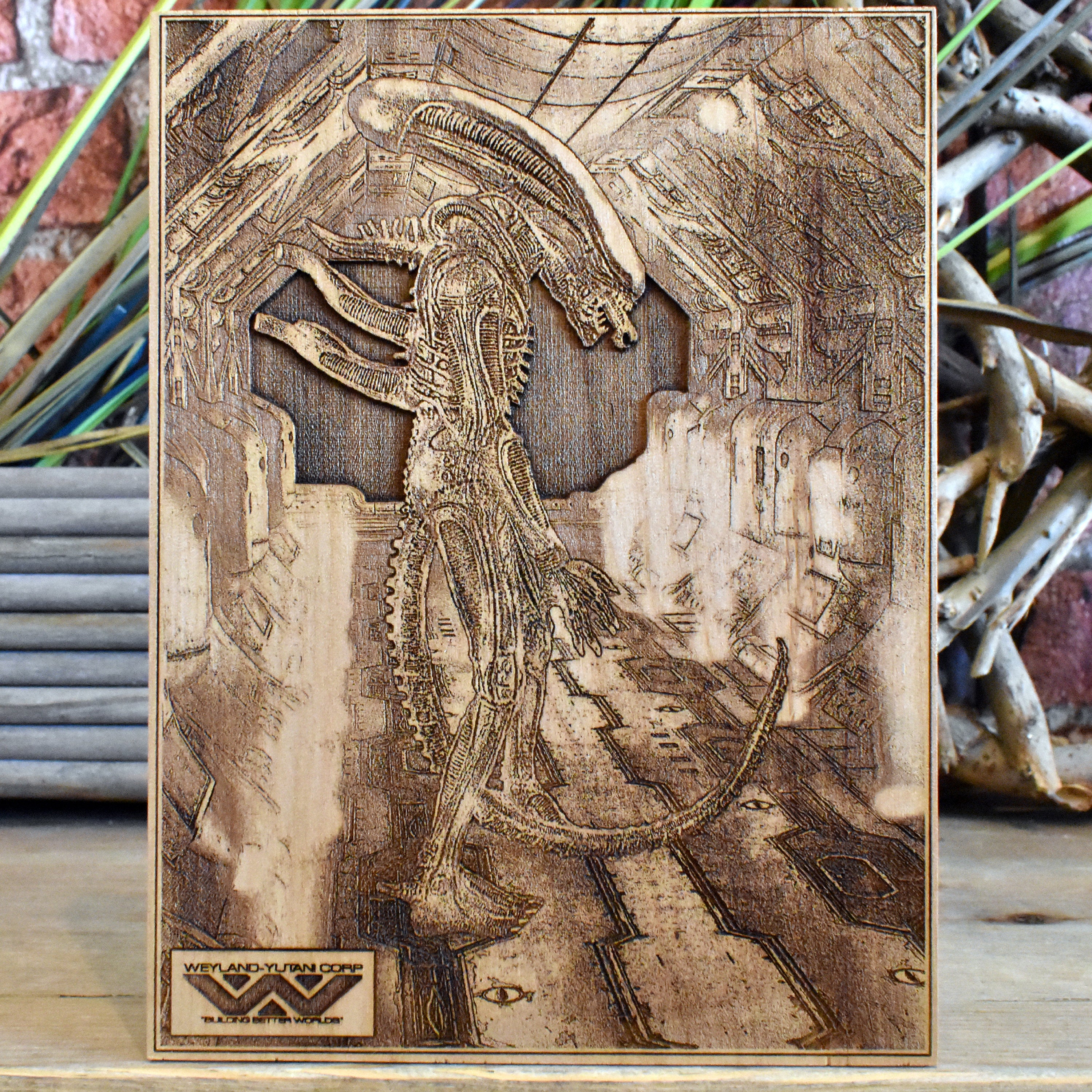 Alien Xenomorph wood wall art with laser-engraved sci-fi horror design.