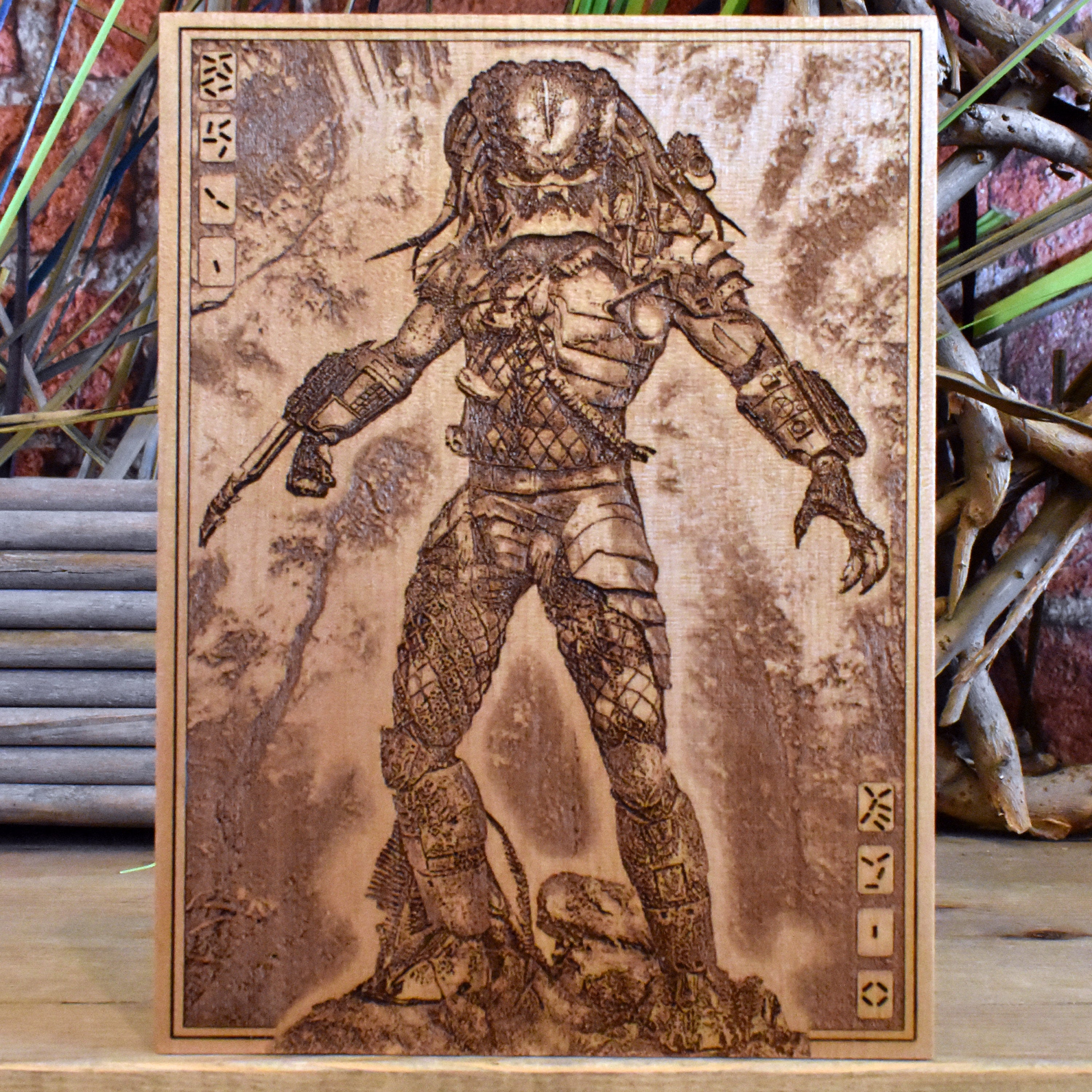 Predator monster wood engraving, sci-fi horror wall art, handcrafted wooden decor for horror fans.