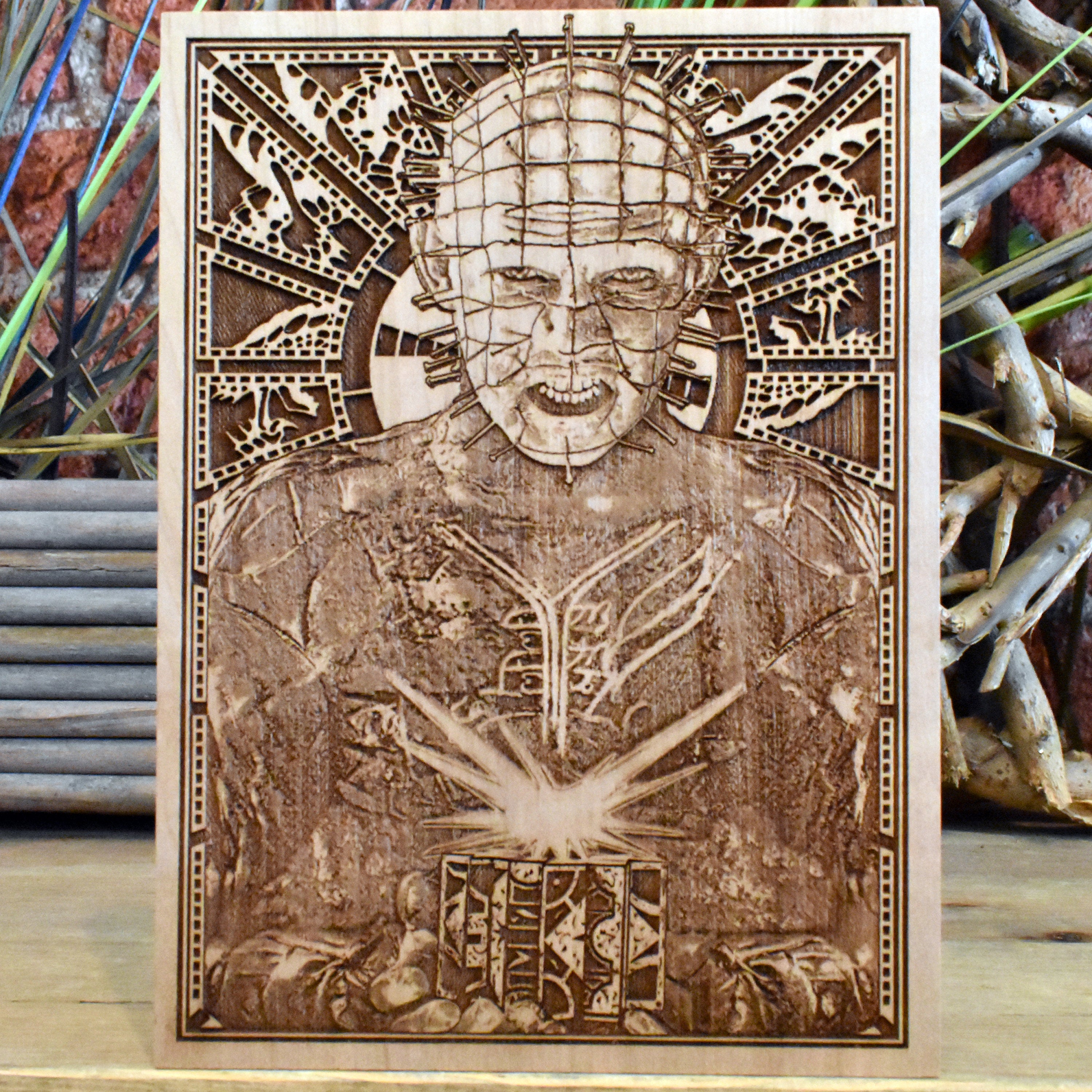 Handmade Pinhead Hellraiser wood artwork – horror movie wall decor for gothic and Halloween lovers. Unique horror gift for collectors.
