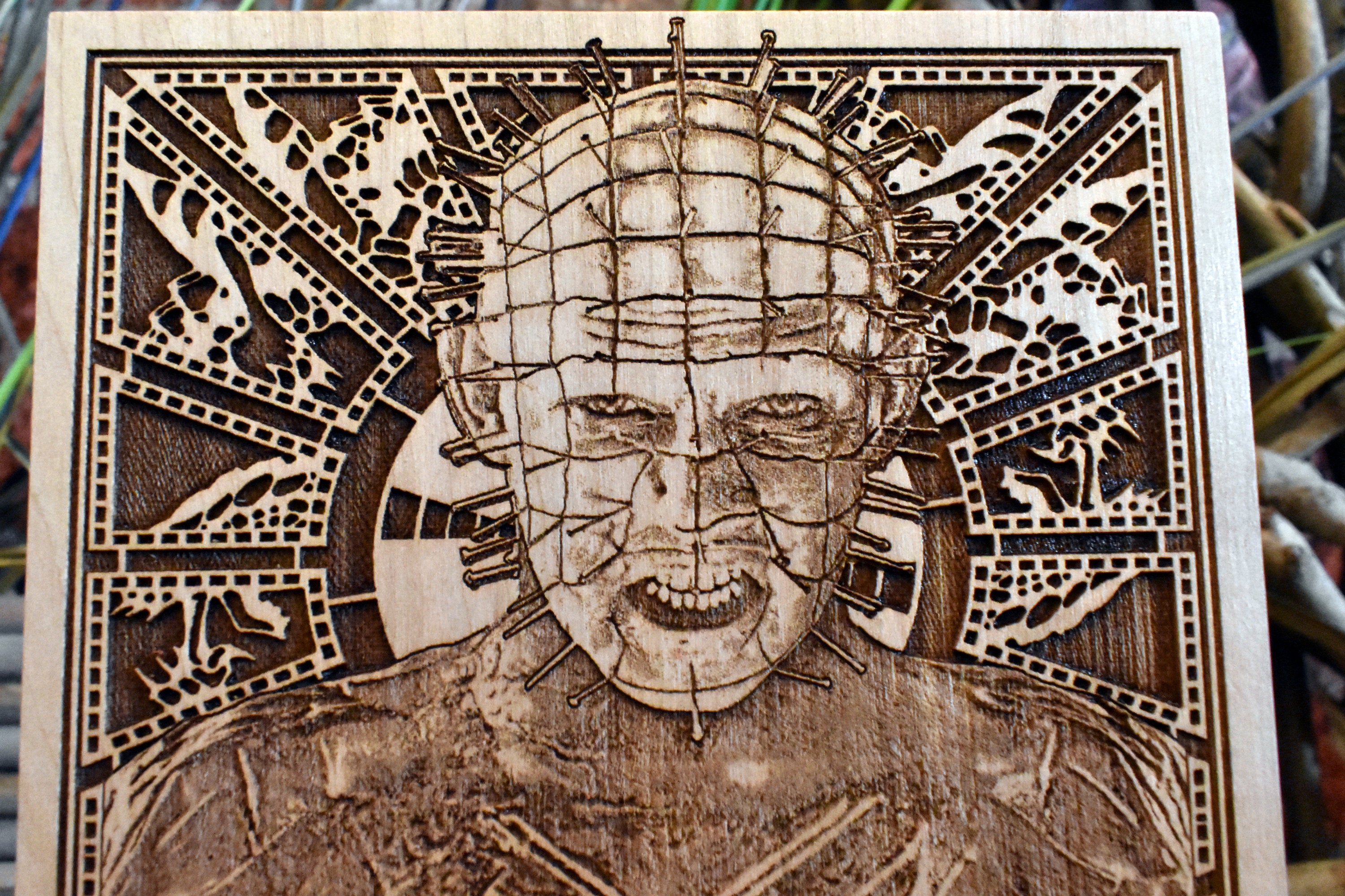 Laser-engraved wooden artwork of Pinhead Hellraiser – collectible horror gift for fans of classic scary movies.