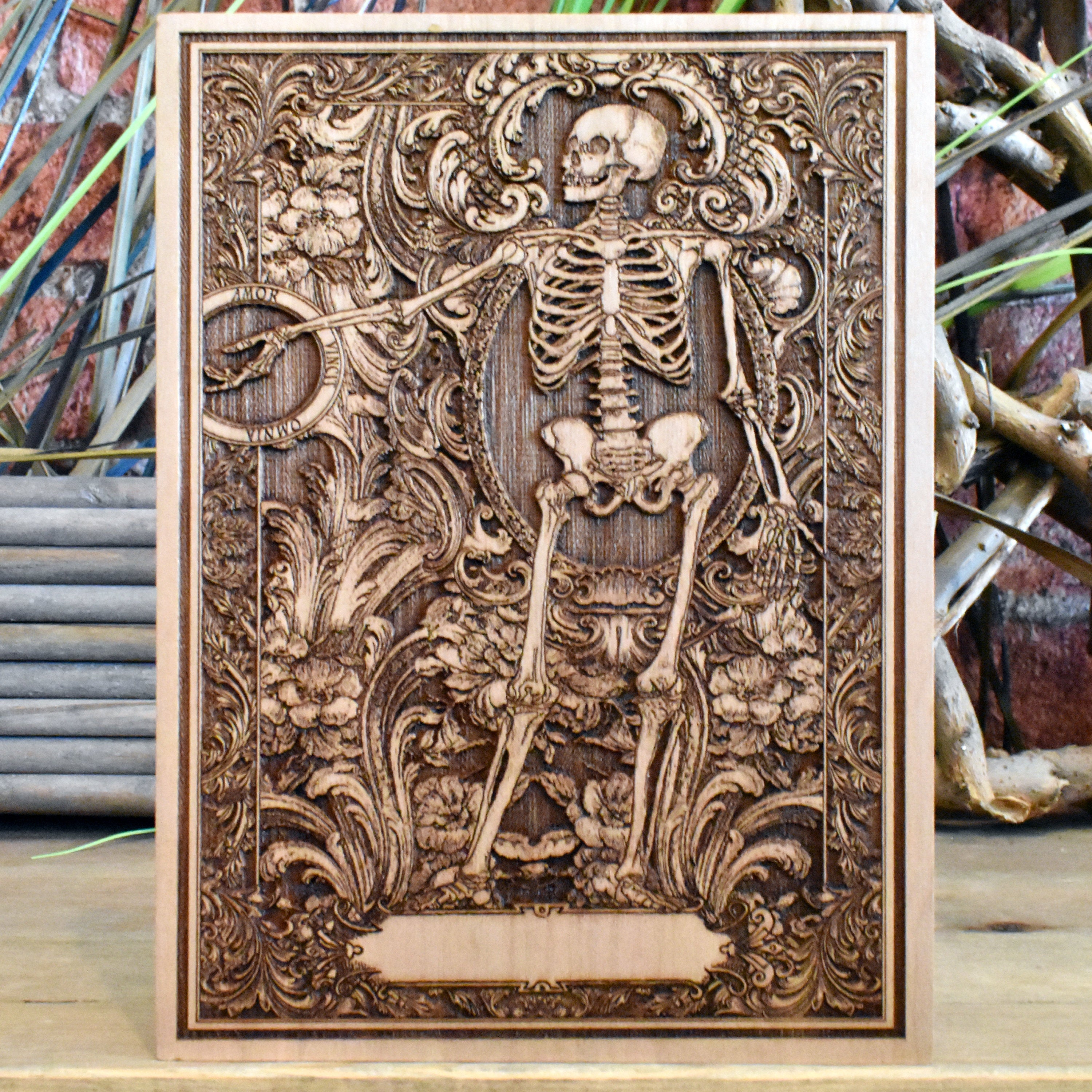 Romantic gothic wedding gift – unique wood engraving with skeleton lovers