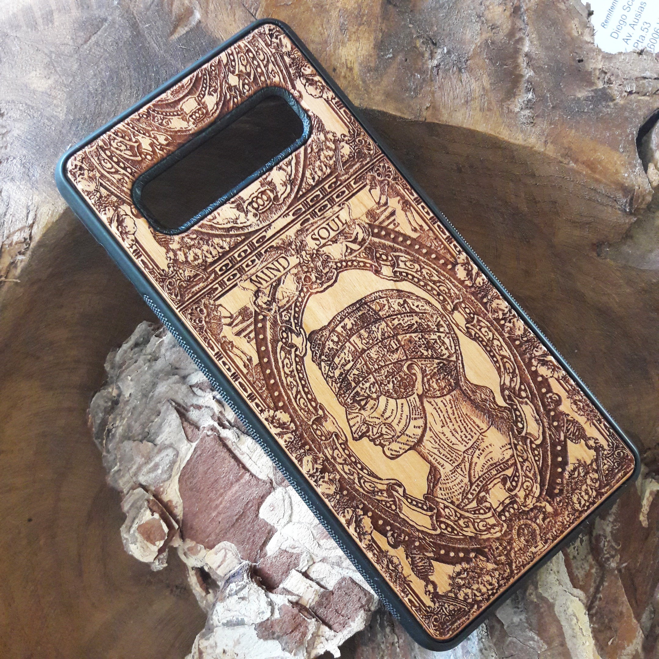 Wooden phone case with gothic skull and skeleton design, handcrafted for iPhone , iPhone 15, Samsung Galaxy S, and more. Unique, durable, and perfect for fans of gothic and dark fantasy art.