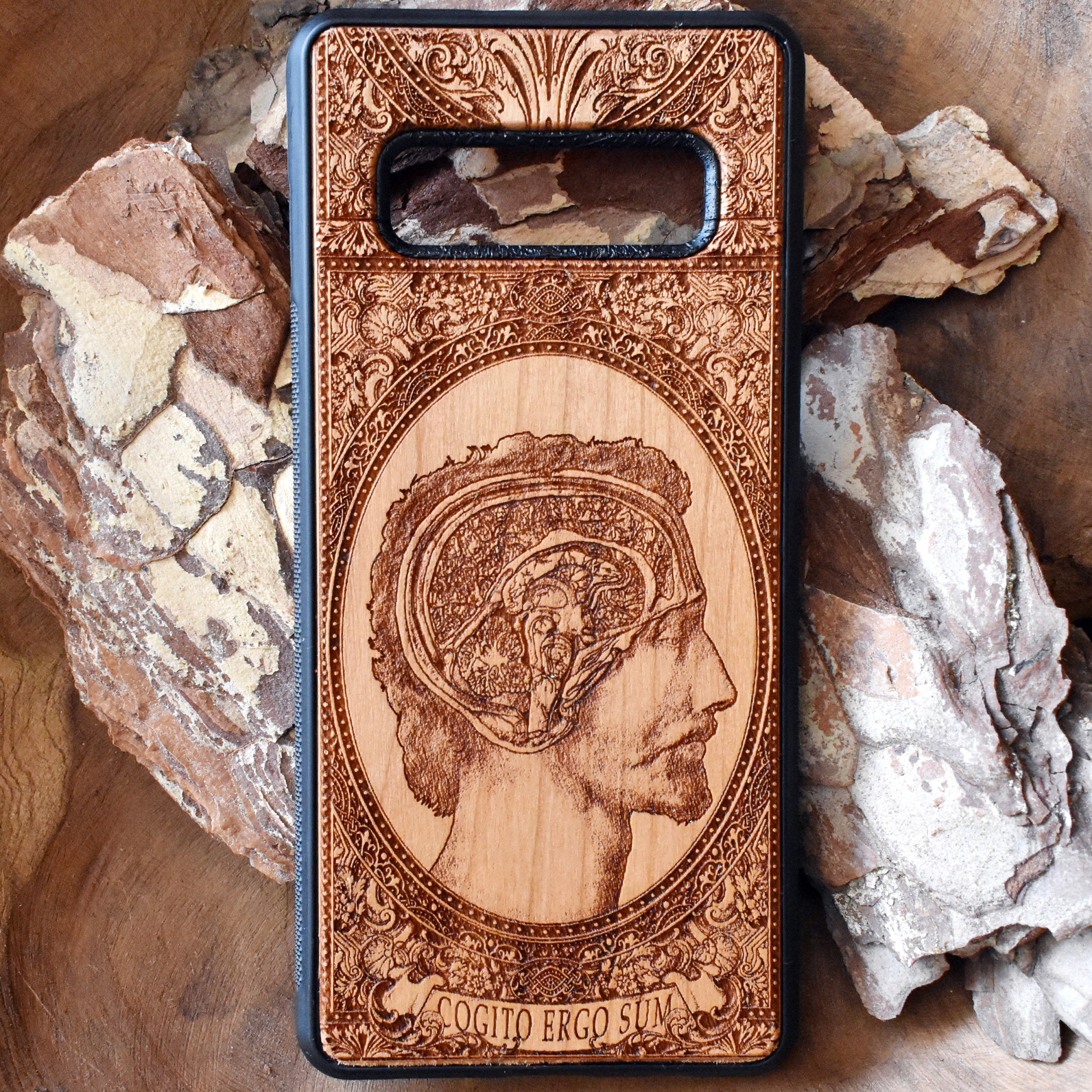 Wooden phone case with laser-engraved Gothic pattern design for iPhone , iPhone 15, Samsung Galaxy S, S24, Note 20. Stylish, eco-friendly, and durable for fans of dark and gothic art.