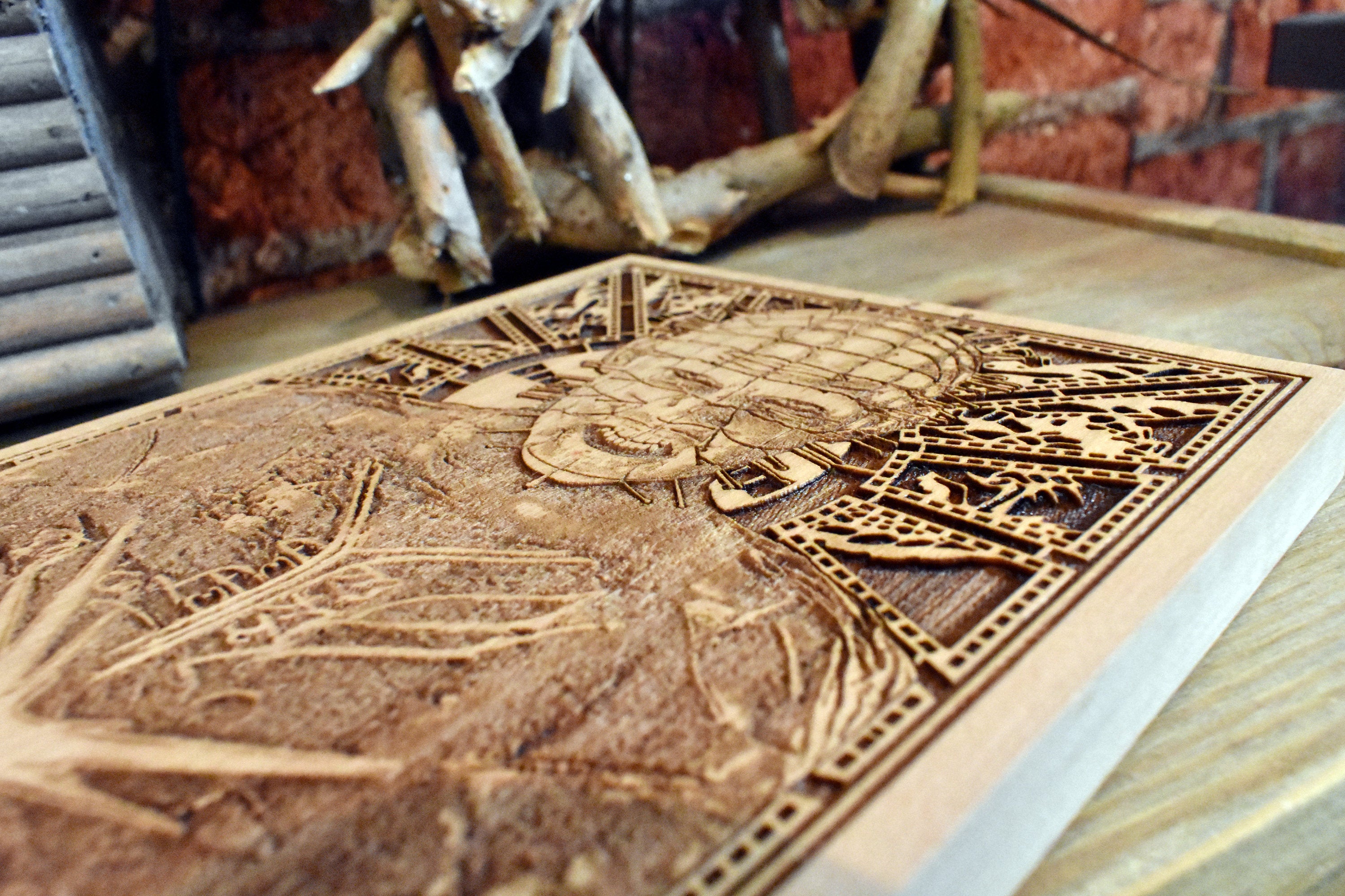 Pinhead wood engraving – handmade horror decor for gothic homes, perfect for horror collectors and spooky wall art lovers.