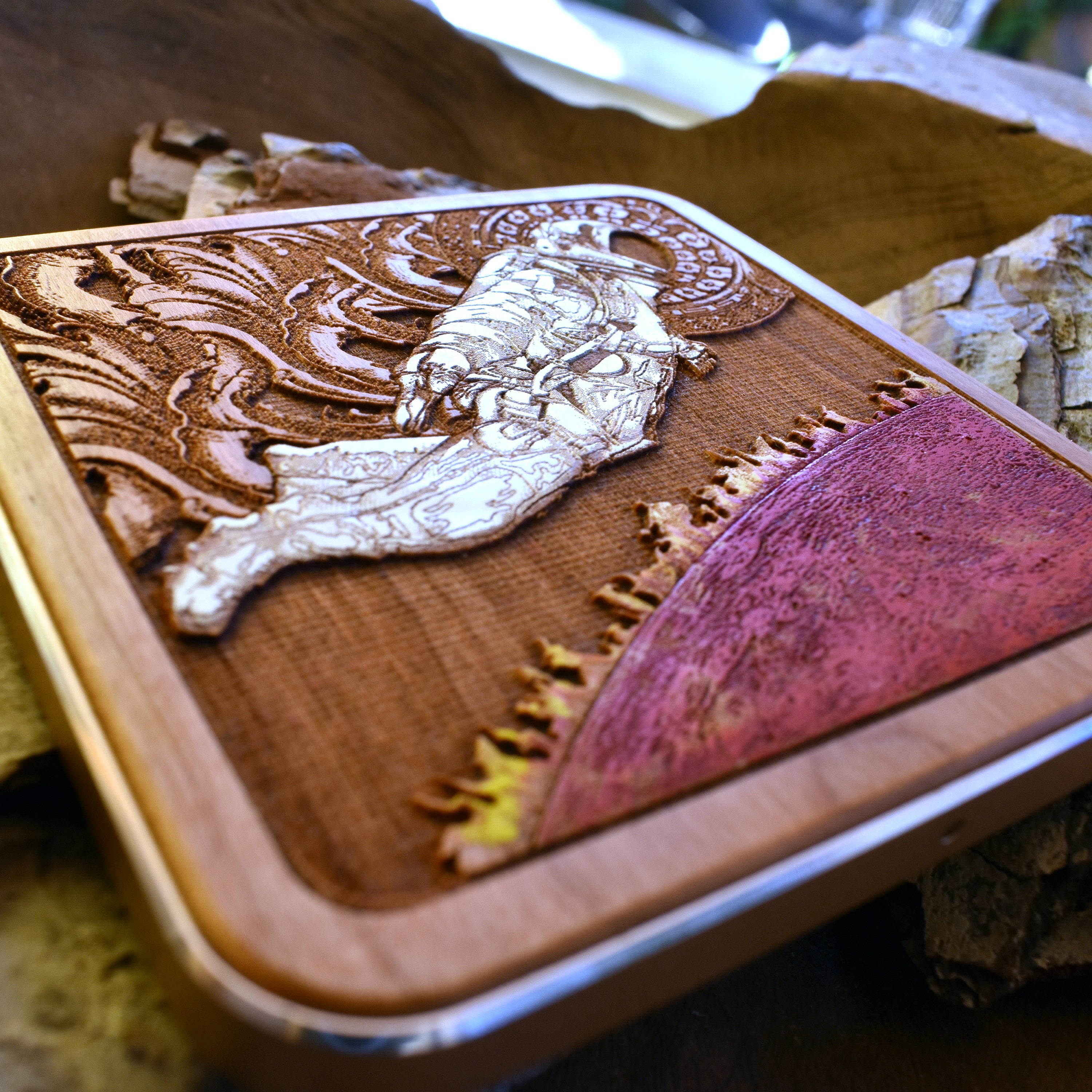 Detailed close-up of wood wireless charger with hand-painted design, featuring fast charging for iPhone & Samsung on modern desk charging pad