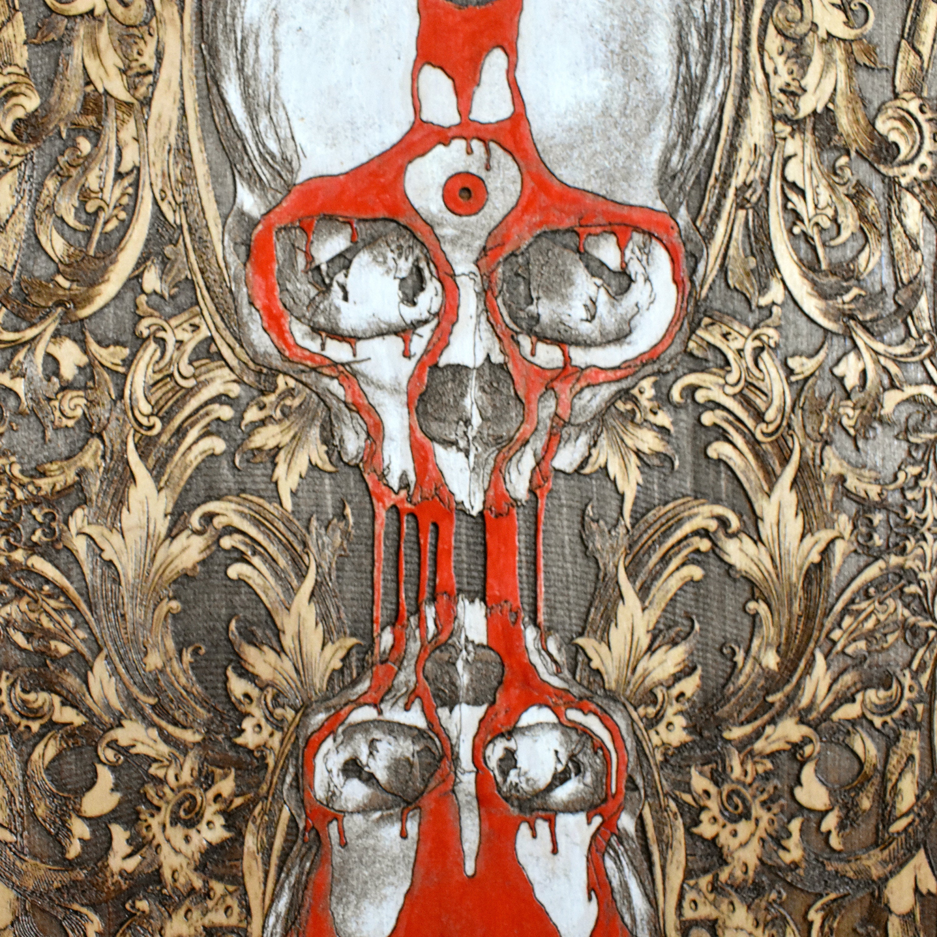 Handcrafted gothic artwork with skull and Latin time inscription.