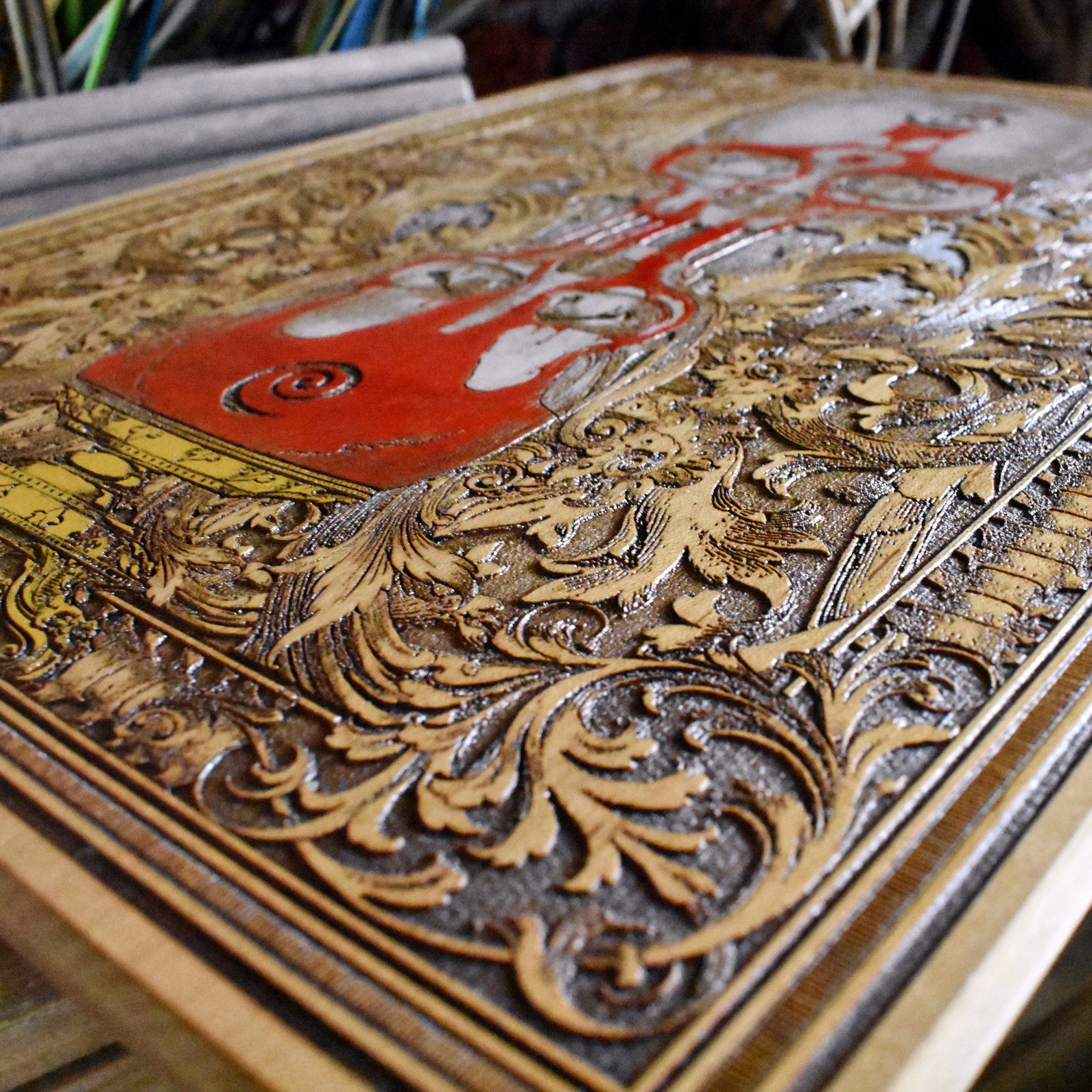 Limited edition wood wall art with symbolic skull and time elements.