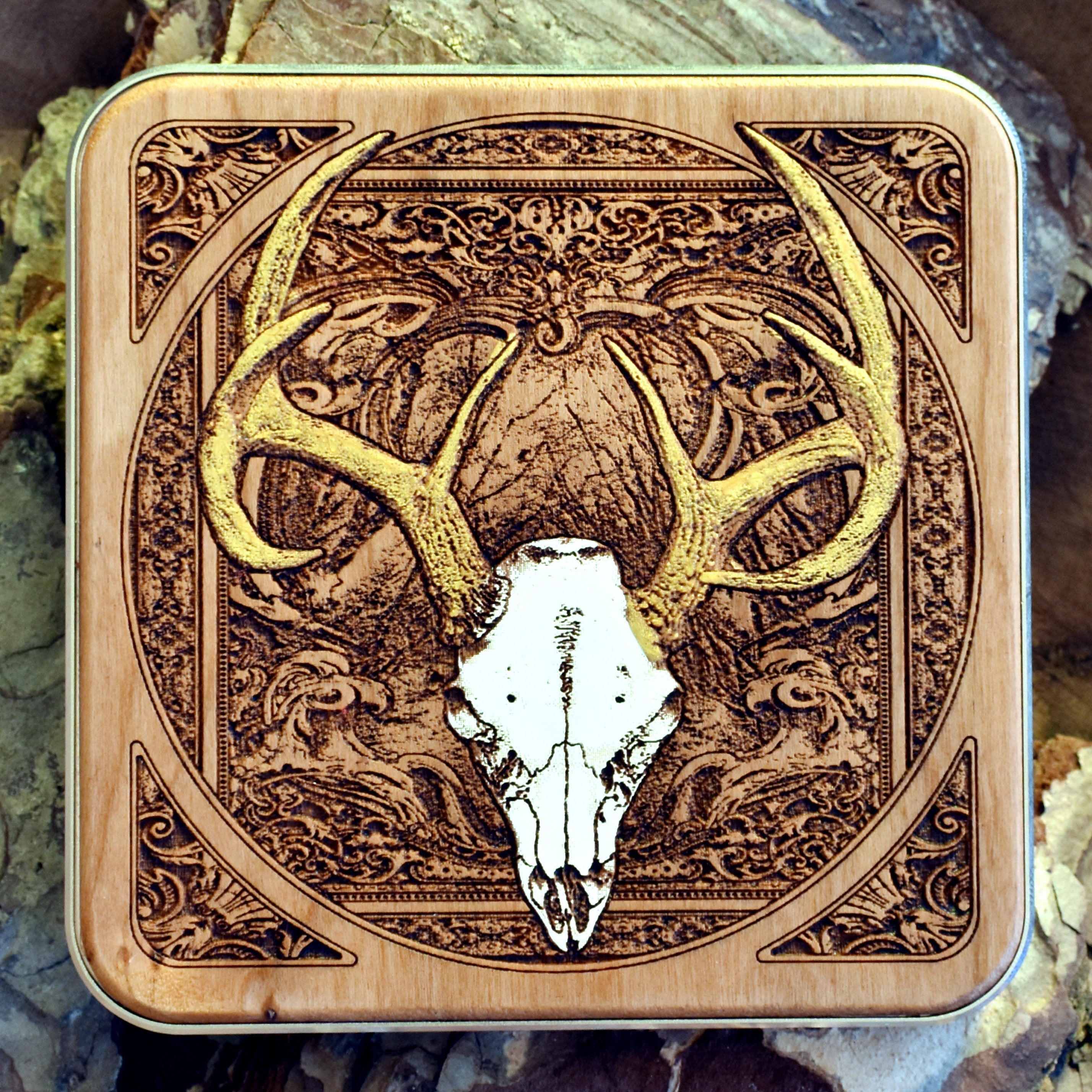Hand-painted wooden wireless charger featuring detailed deer skull dark art.