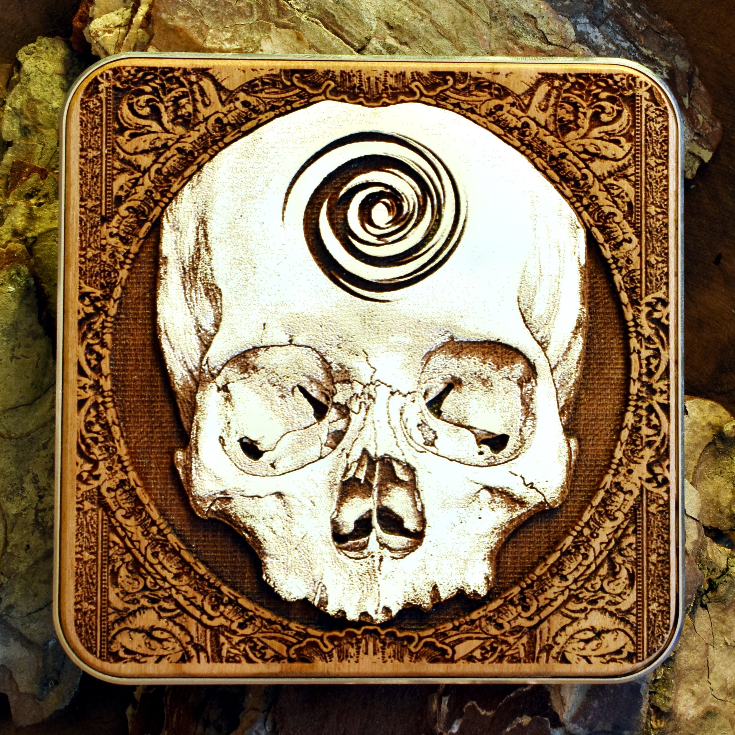 Handcrafted wood wireless charger featuring skull dark art, compatible with iPhone 16 and Galaxy S25, perfect for gothic style lovers.